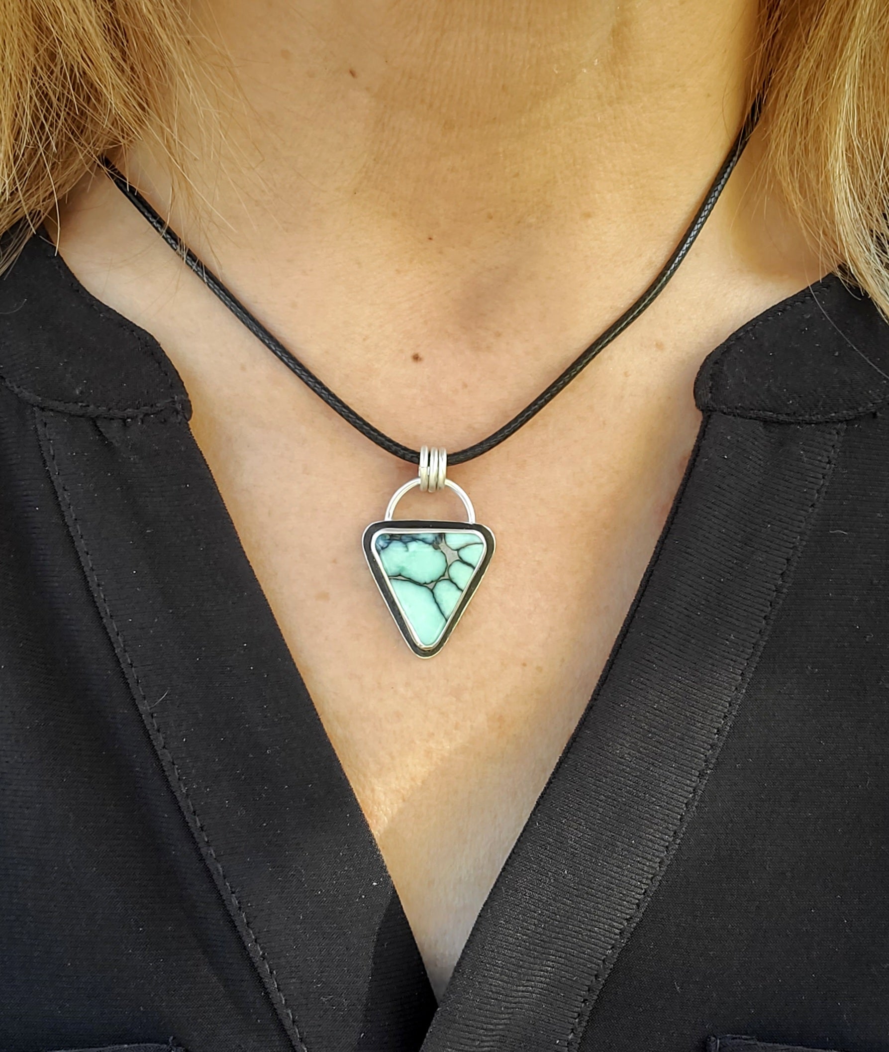 Desert Bloom Variscite Inverted Triangle Statement Pendant in Solid Sterling Silver
