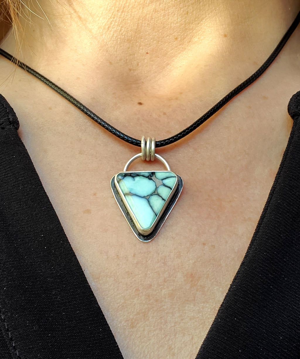 Desert Bloom Variscite Inverted Triangle Statement Pendant in Solid Sterling Silver