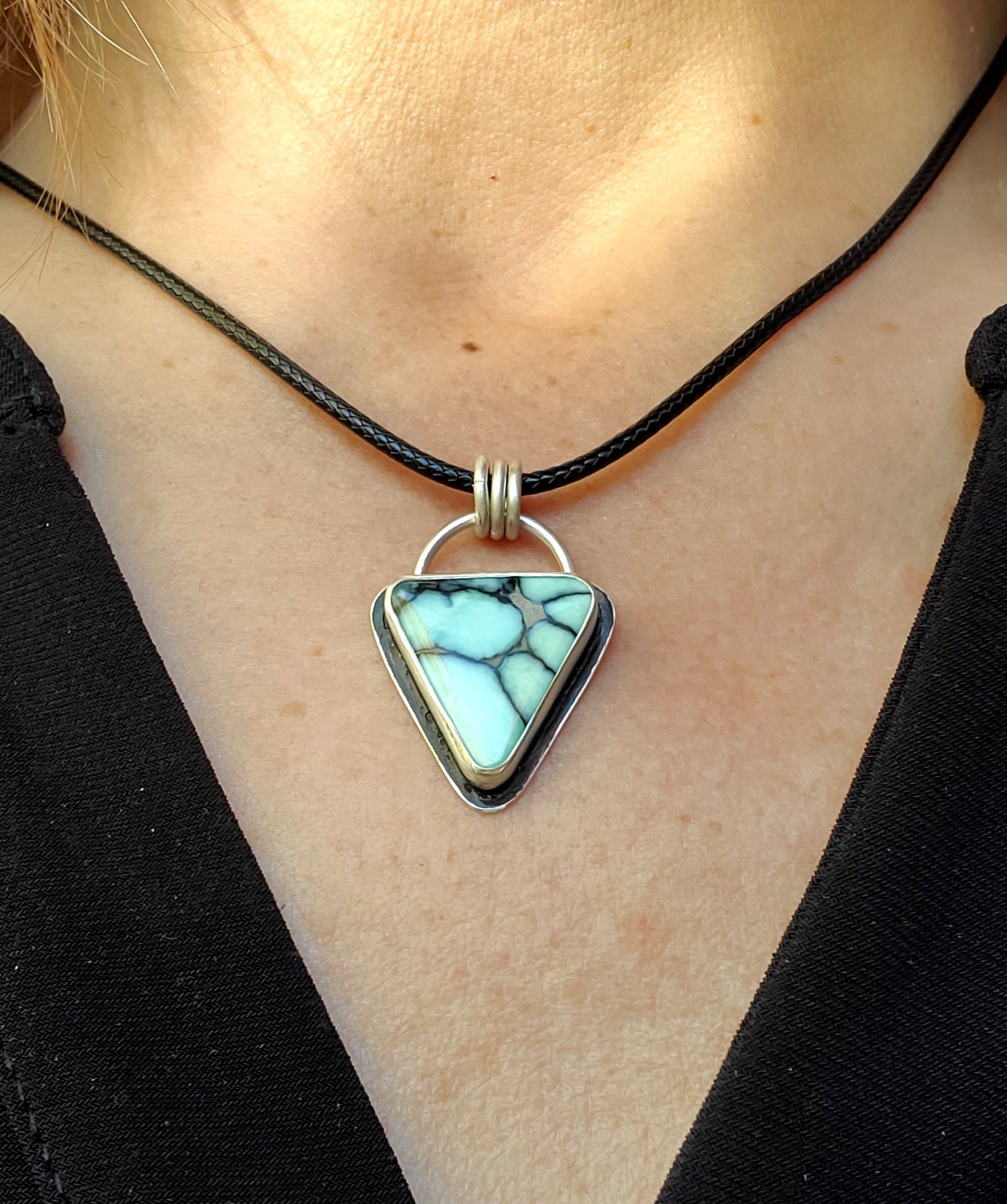 Desert Bloom Variscite Inverted Triangle Statement Pendant in Solid Sterling Silver