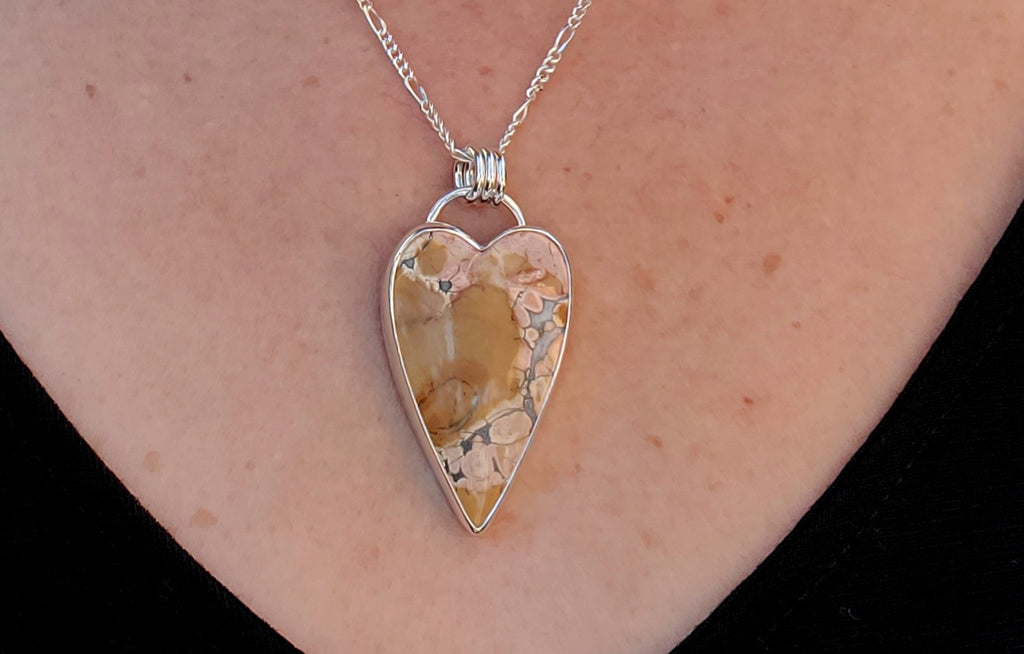 Pink Maligano Jasper Elongated Heart Pendant in Solid Sterling Silver