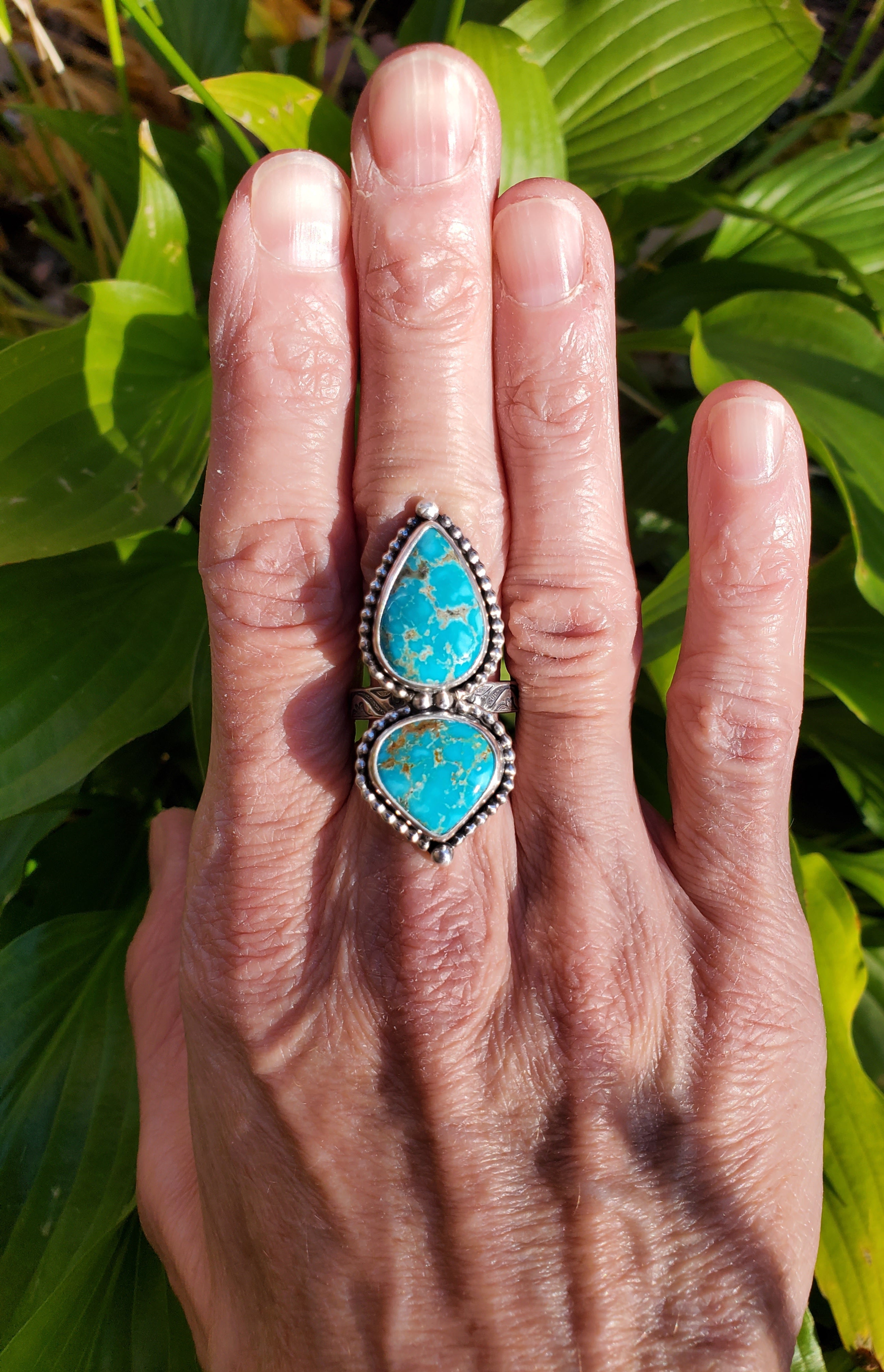 Sierra Bella Turquoise Two Stone Statement Ring In Solid Sterling Silver. Size 7.