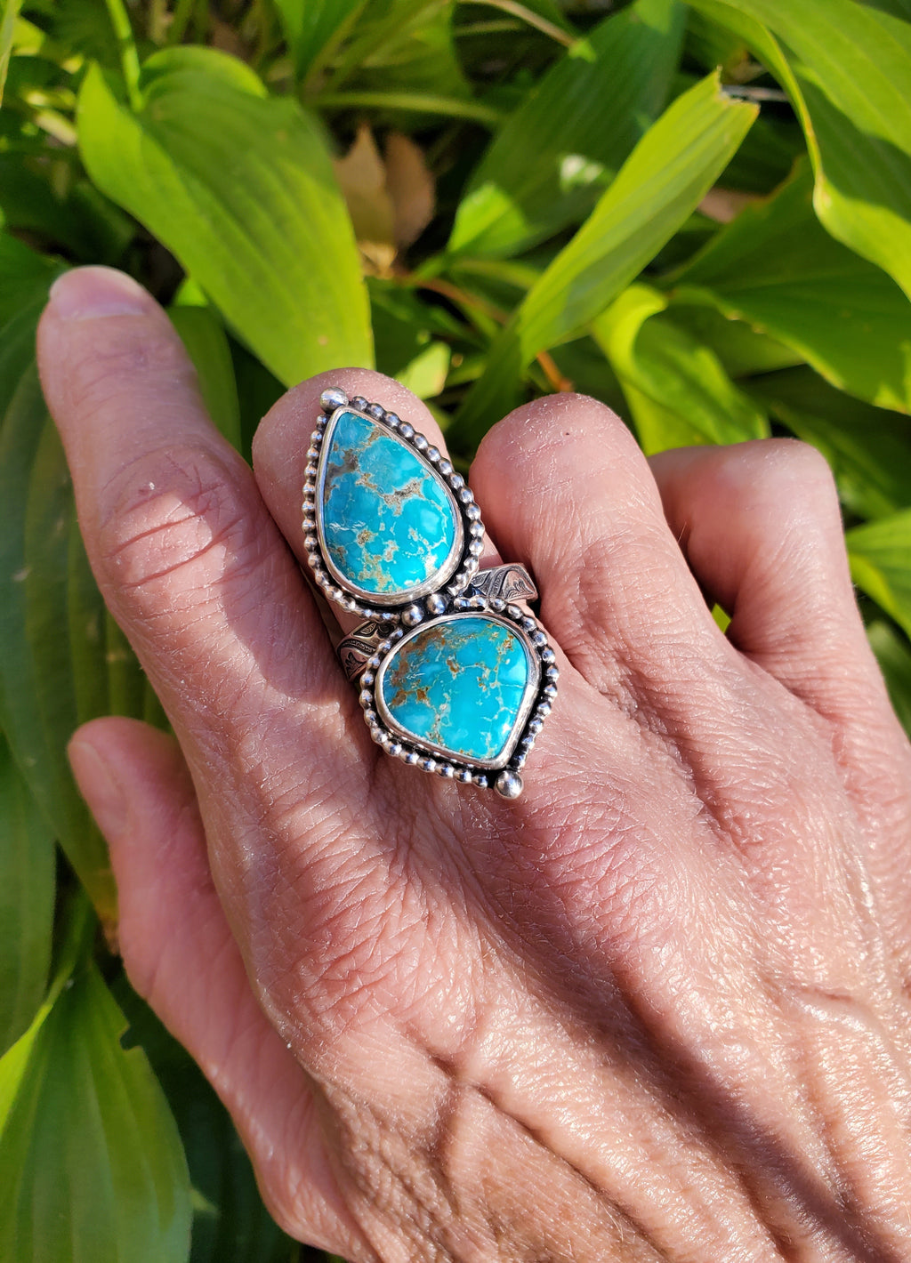 Sierra Bella Turquoise Two Stone Statement Ring In Solid Sterling Silver. Size 7.