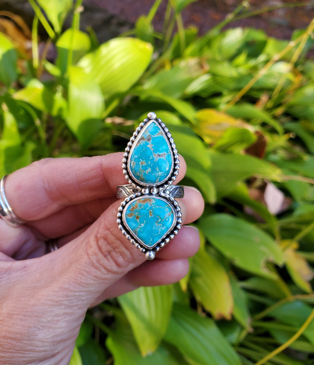 Sierra Bella Turquoise Two Stone Statement Ring In Solid Sterling Silver. Size 7.