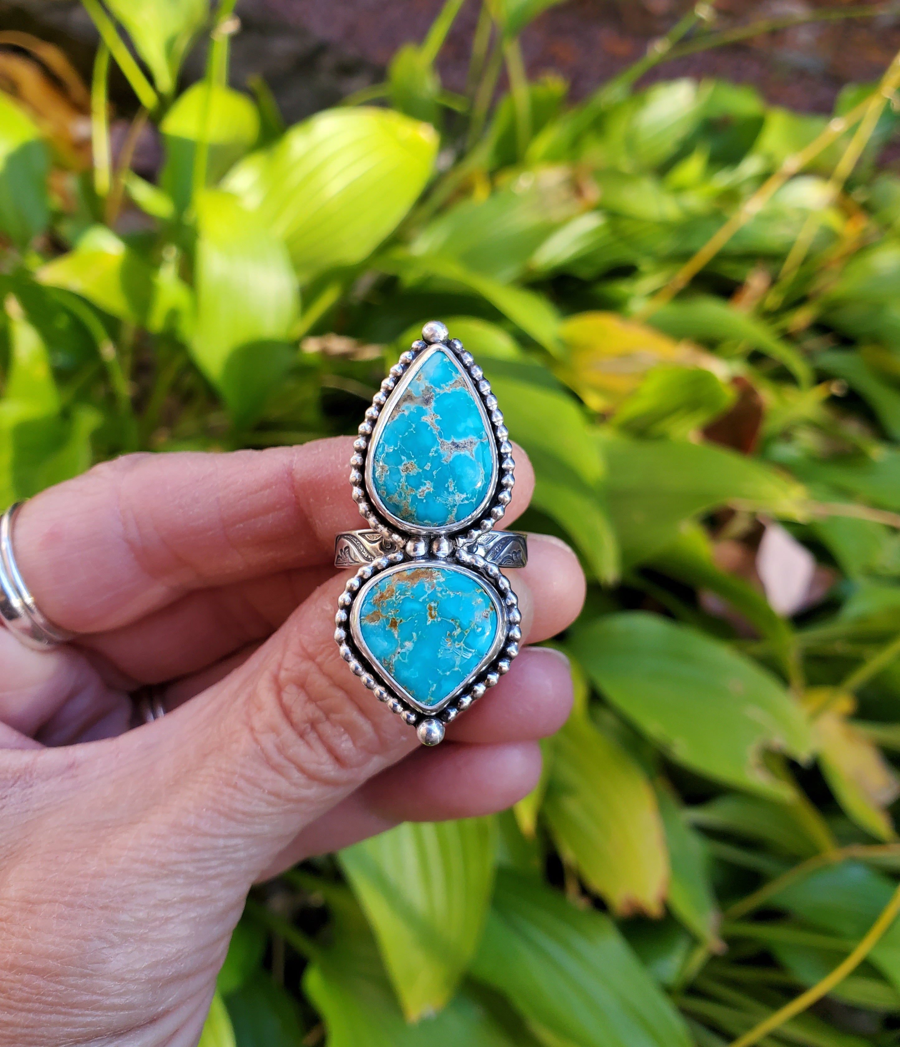 Sierra Bella Turquoise Two Stone Statement Ring In Solid Sterling Silver. Size 7.