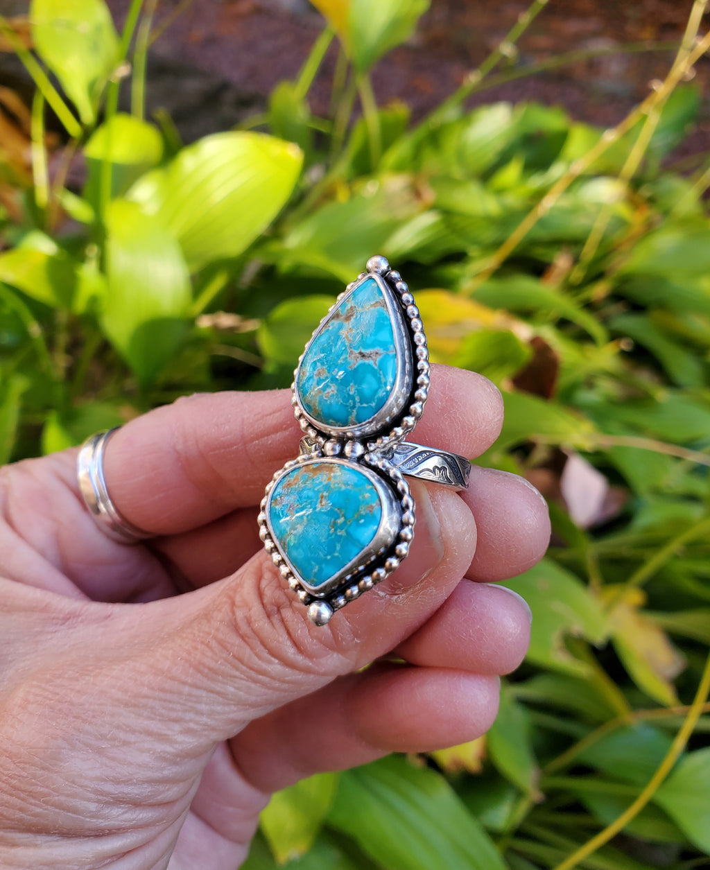 Sierra Bella Turquoise Two Stone Statement Ring In Solid Sterling Silver. Size 7.