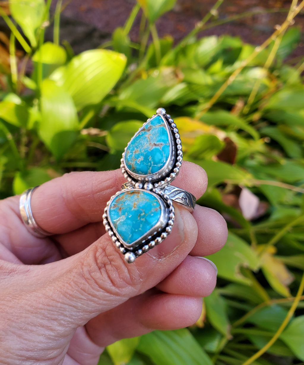 Sierra Bella Turquoise Two Stone Statement Ring In Solid Sterling Silver. Size 7.