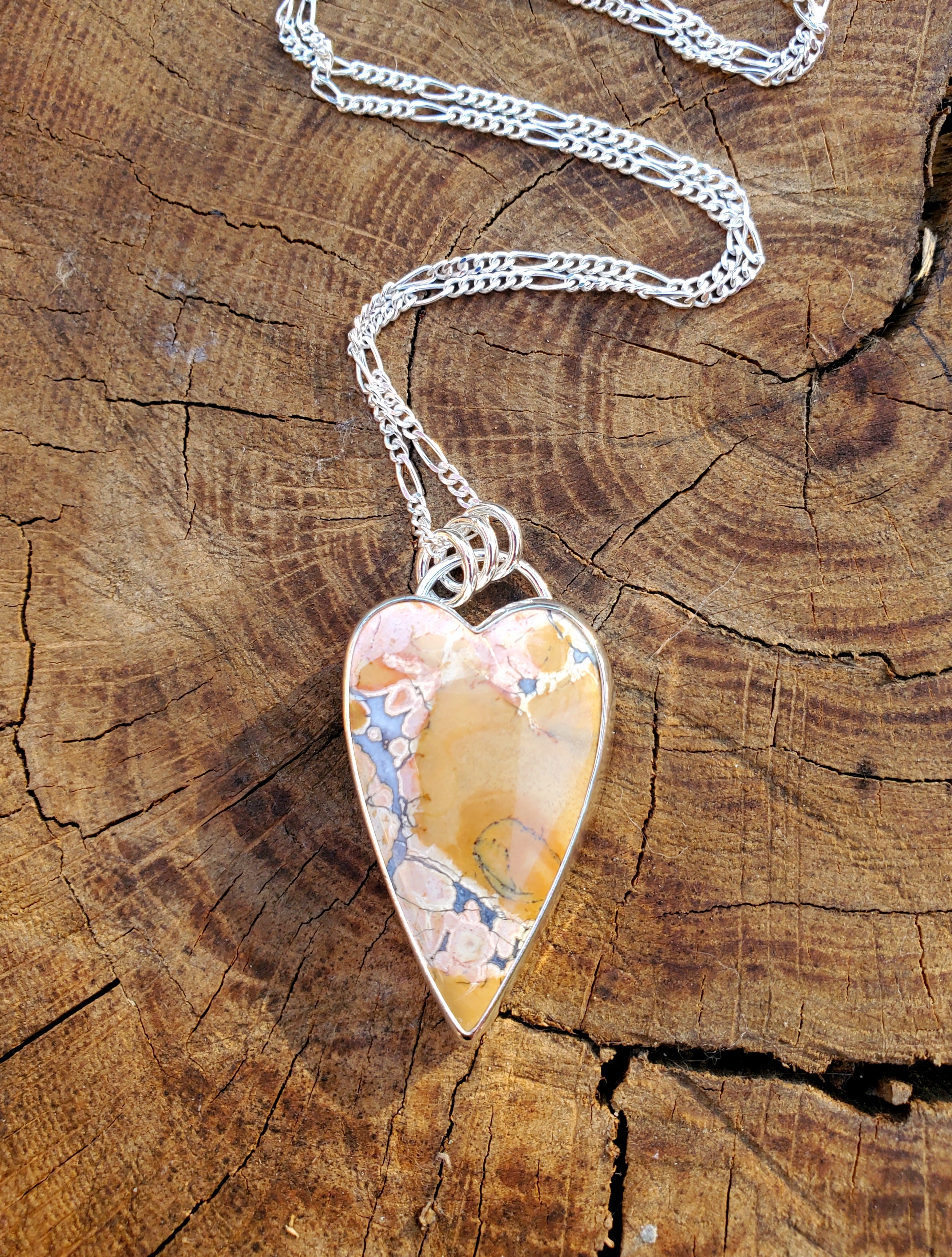 Pink Maligano Jasper Elongated Heart Pendant in Solid Sterling Silver