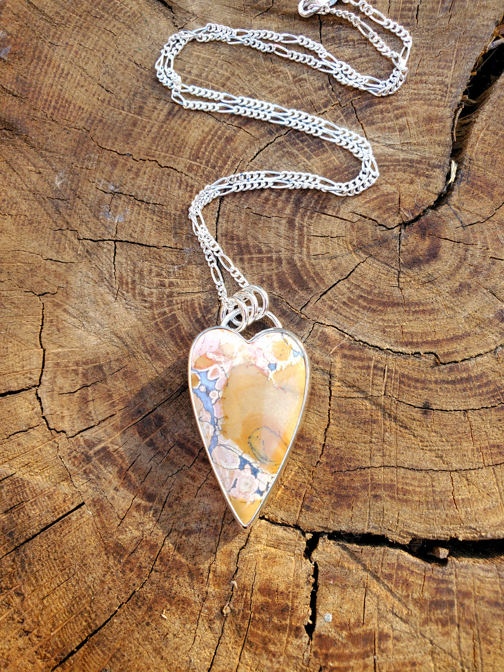 Pink Maligano Jasper Elongated Heart Pendant in Solid Sterling Silver