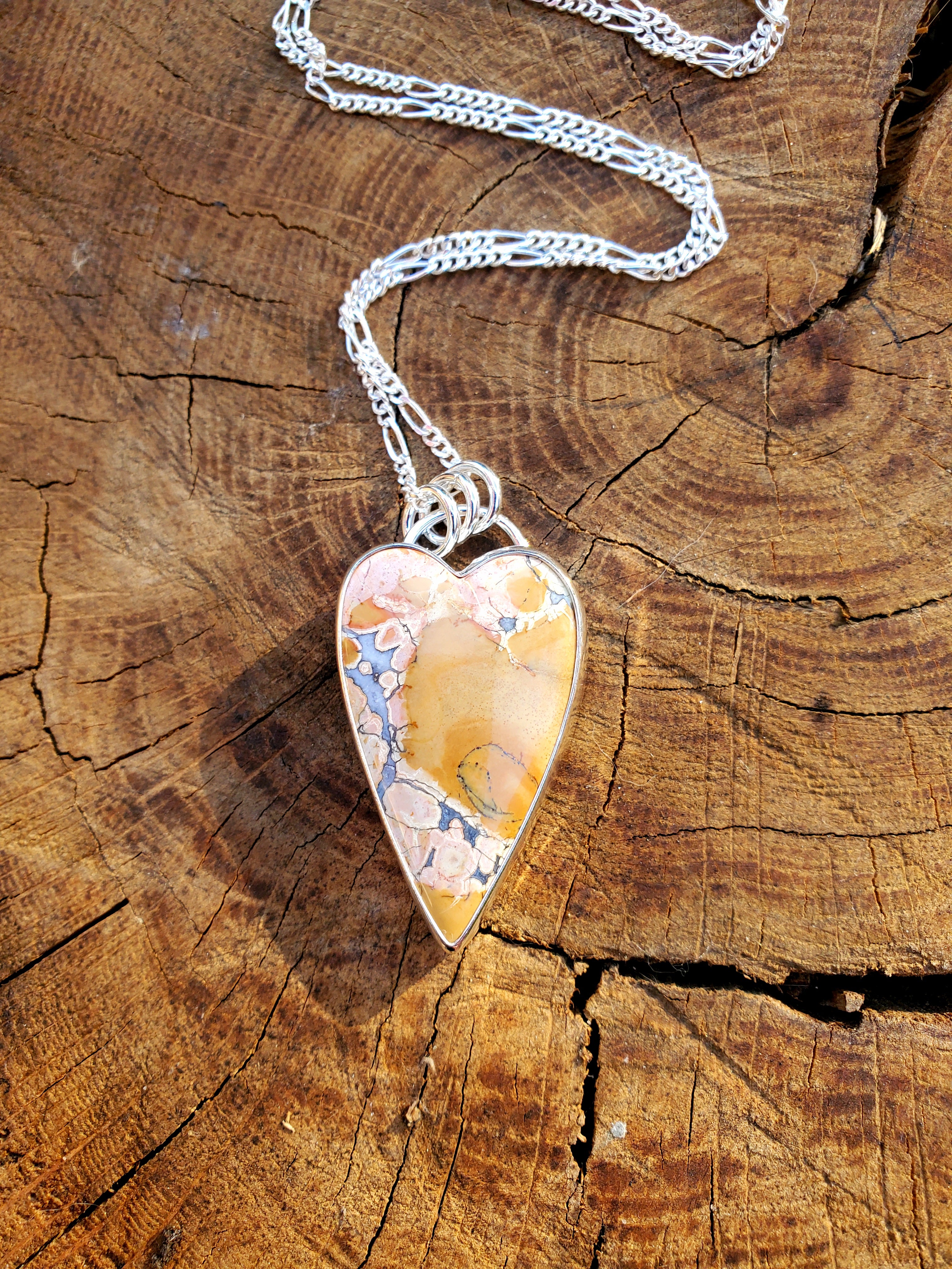 Pink Maligano Jasper Elongated Heart Pendant in Solid Sterling Silver