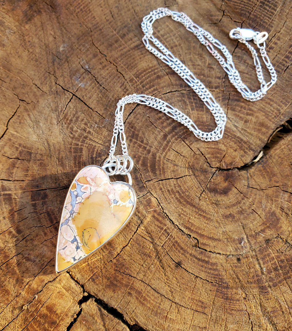 Pink Maligano Jasper Elongated Heart Pendant in Solid Sterling Silver