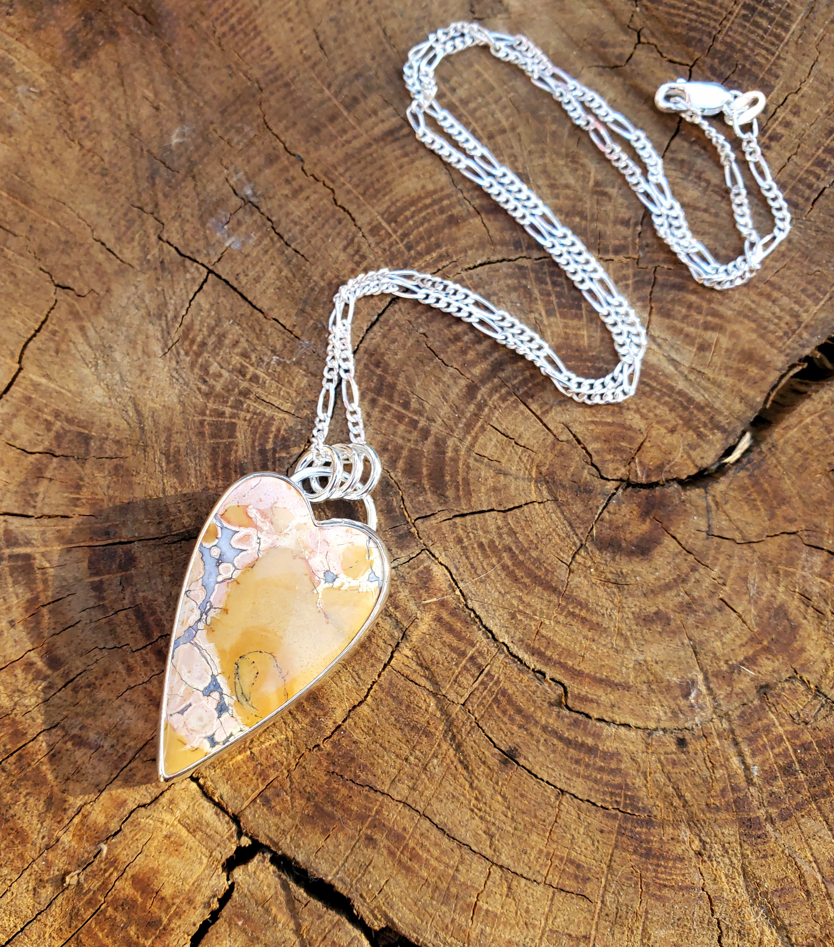 Pink Maligano Jasper Elongated Heart Pendant in Solid Sterling Silver
