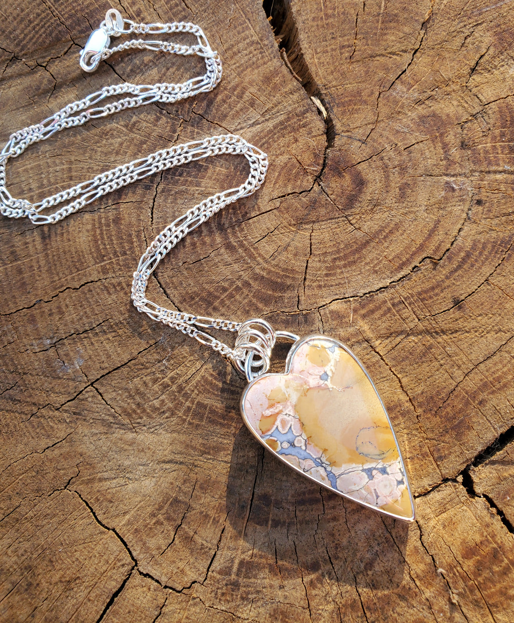 Pink Maligano Jasper Elongated Heart Pendant in Solid Sterling Silver
