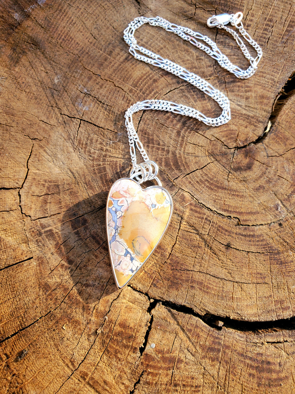 Pink Maligano Jasper Elongated Heart Pendant in Solid Sterling Silver
