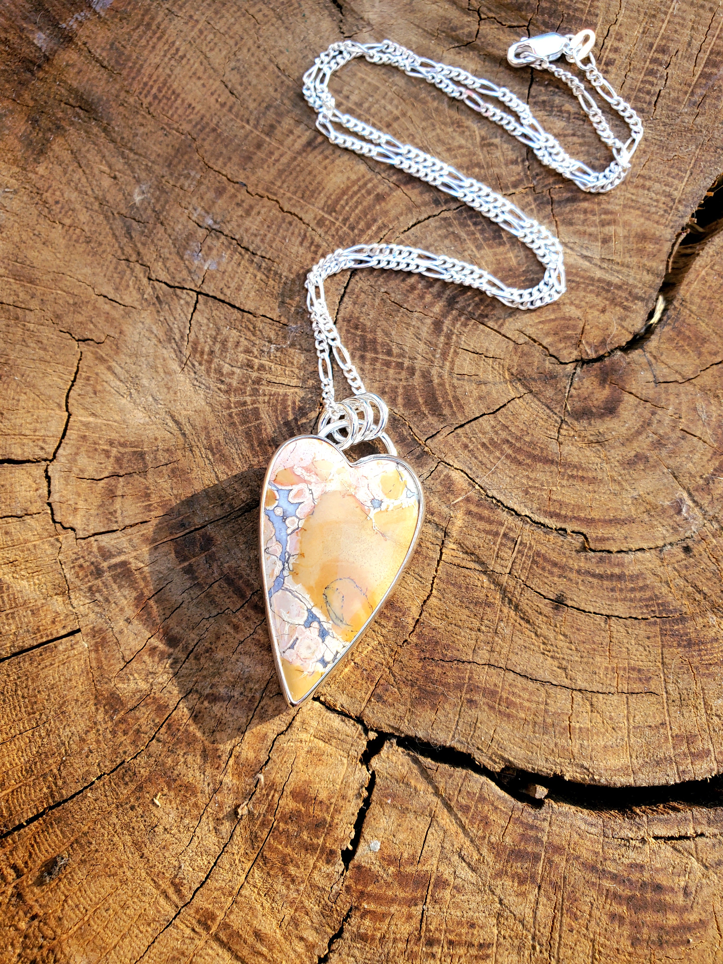 Pink Maligano Jasper Elongated Heart Pendant in Solid Sterling Silver