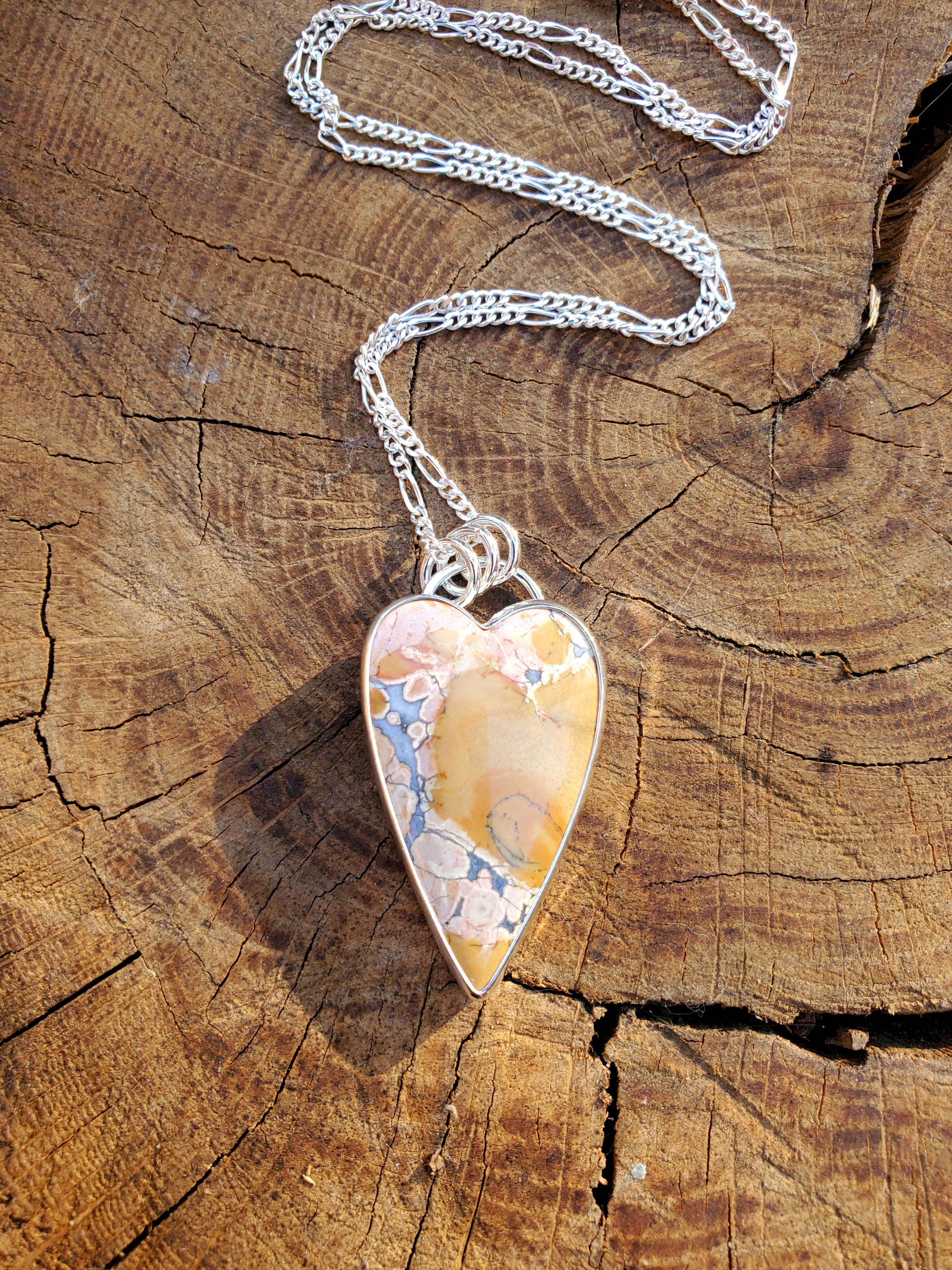 Pink Maligano Jasper Elongated Heart Pendant in Solid Sterling Silver