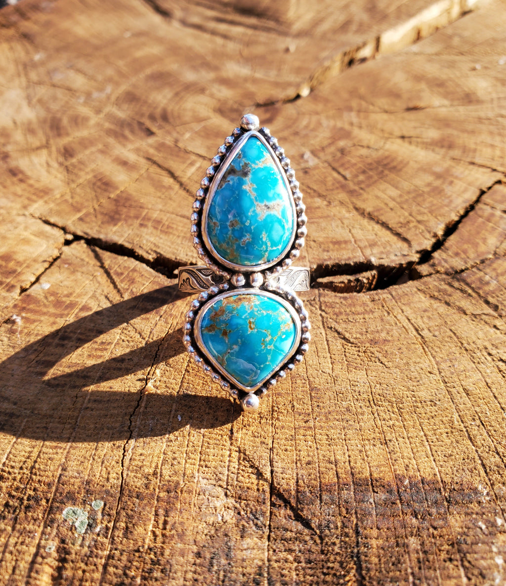 Sierra Bella Turquoise Two Stone Statement Ring In Solid Sterling Silver. Size 7.