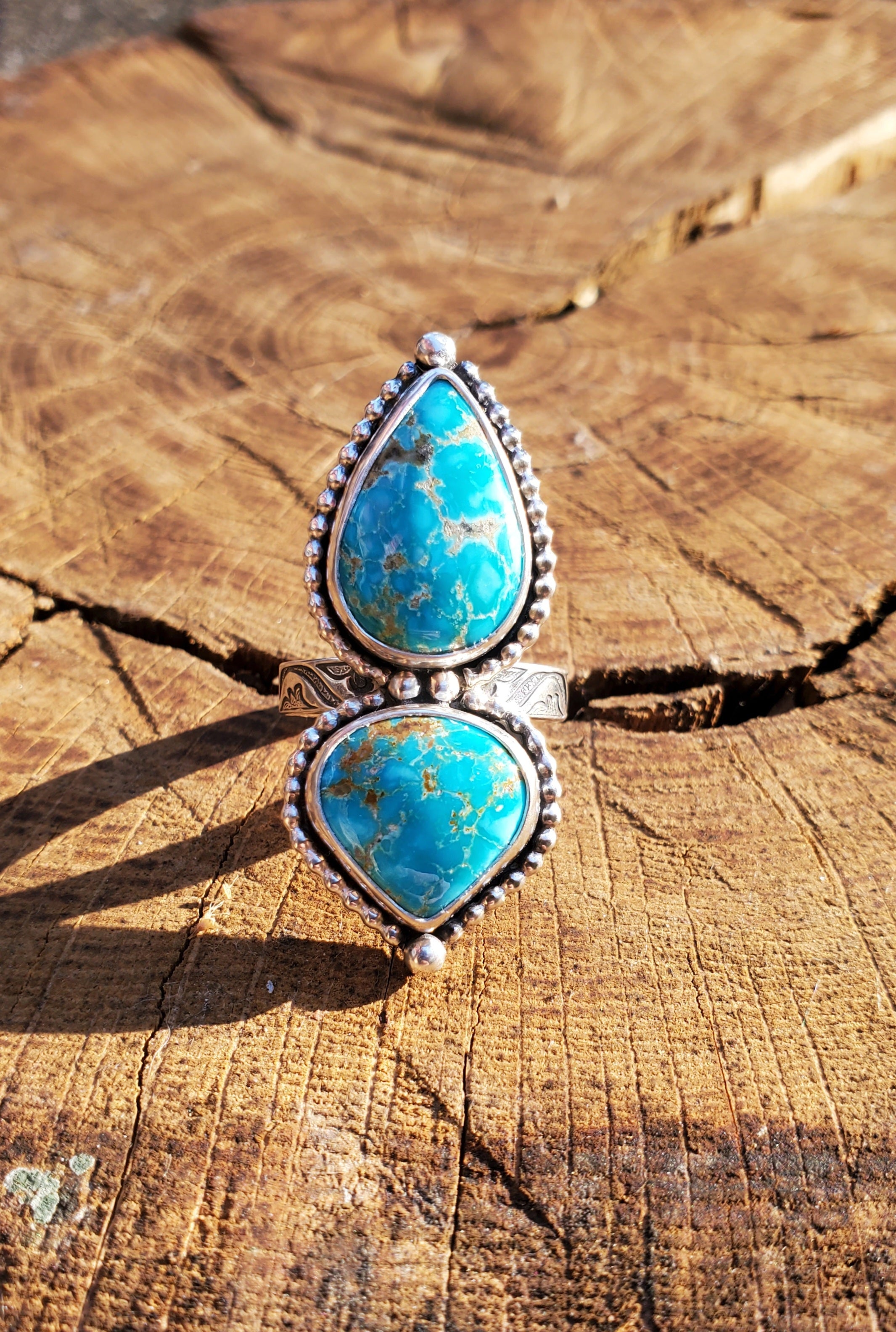 Sierra Bella Turquoise Two Stone Statement Ring In Solid Sterling Silver. Size 7.
