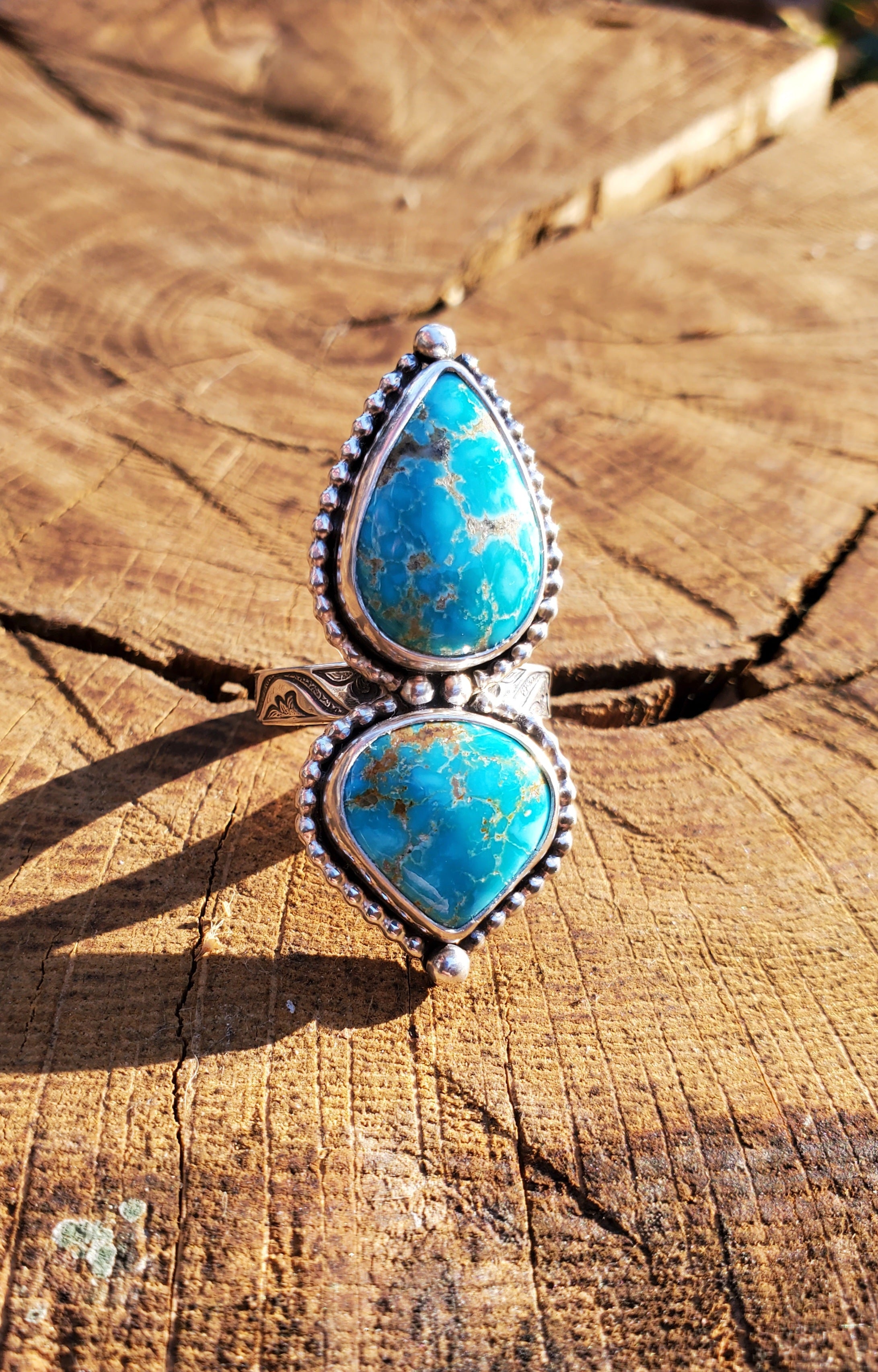 Sierra Bella Turquoise Two Stone Statement Ring In Solid Sterling Silver. Size 7.