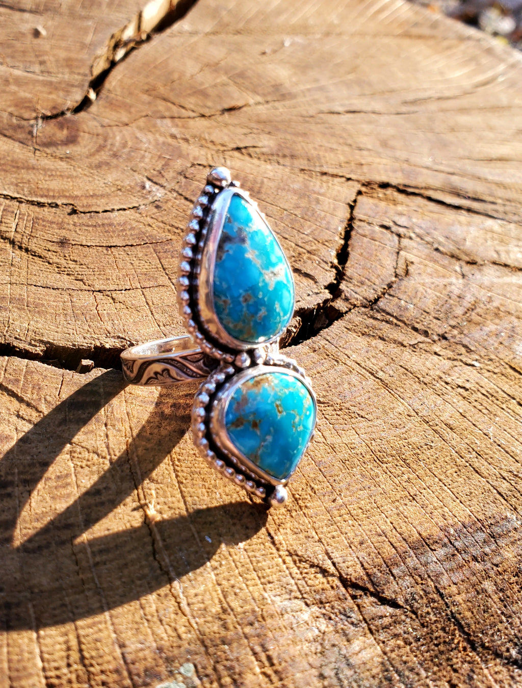 Sierra Bella Turquoise Two Stone Statement Ring In Solid Sterling Silver. Size 7.