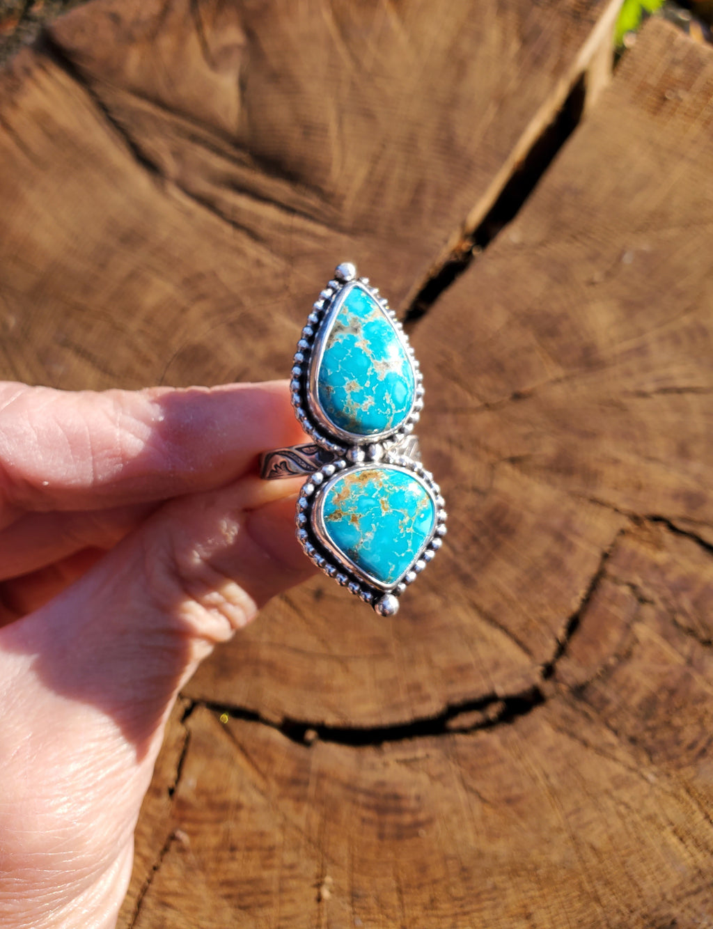 Sierra Bella Turquoise Two Stone Statement Ring In Solid Sterling Silver. Size 7.