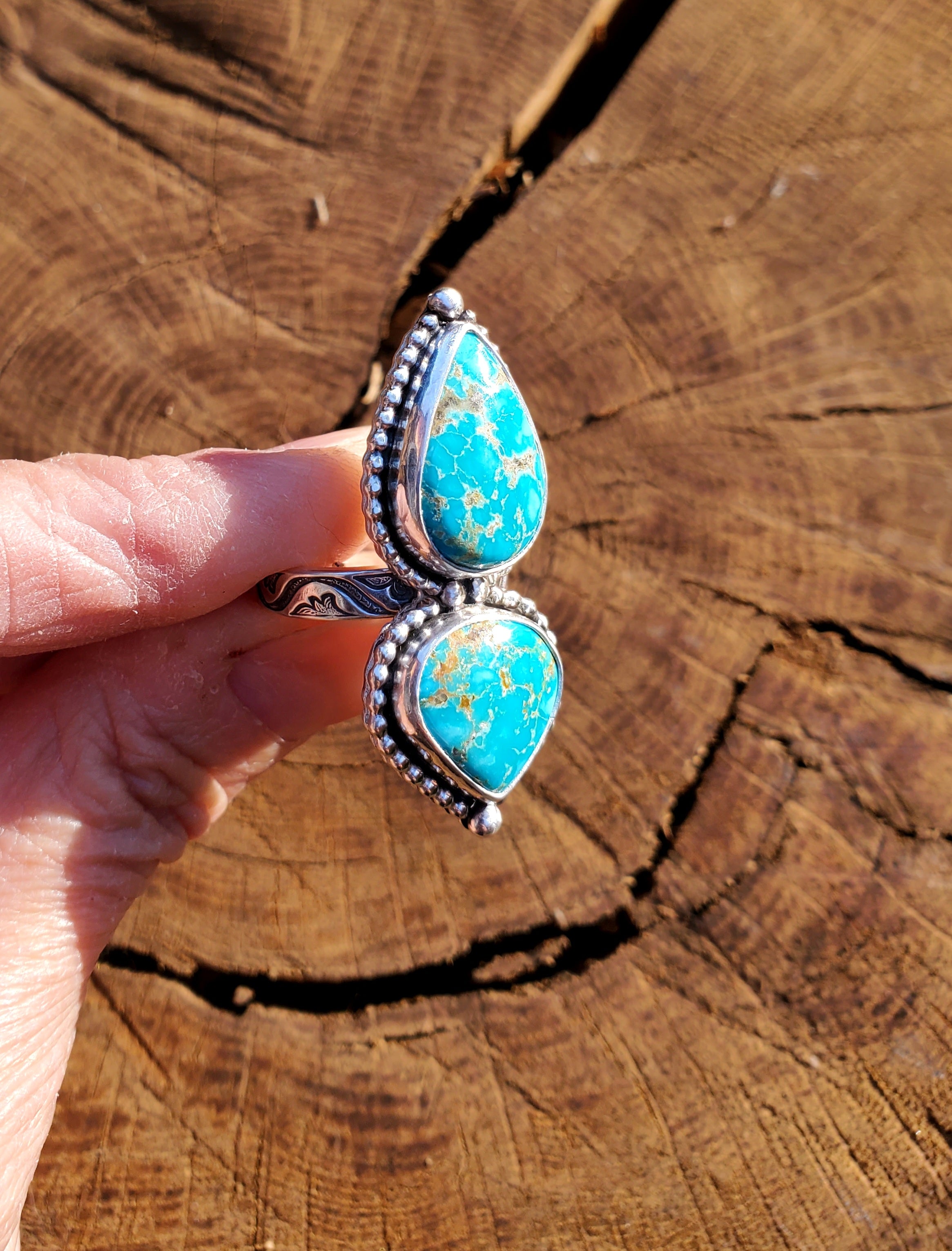 Sierra Bella Turquoise Two Stone Statement Ring In Solid Sterling Silver. Size 7.