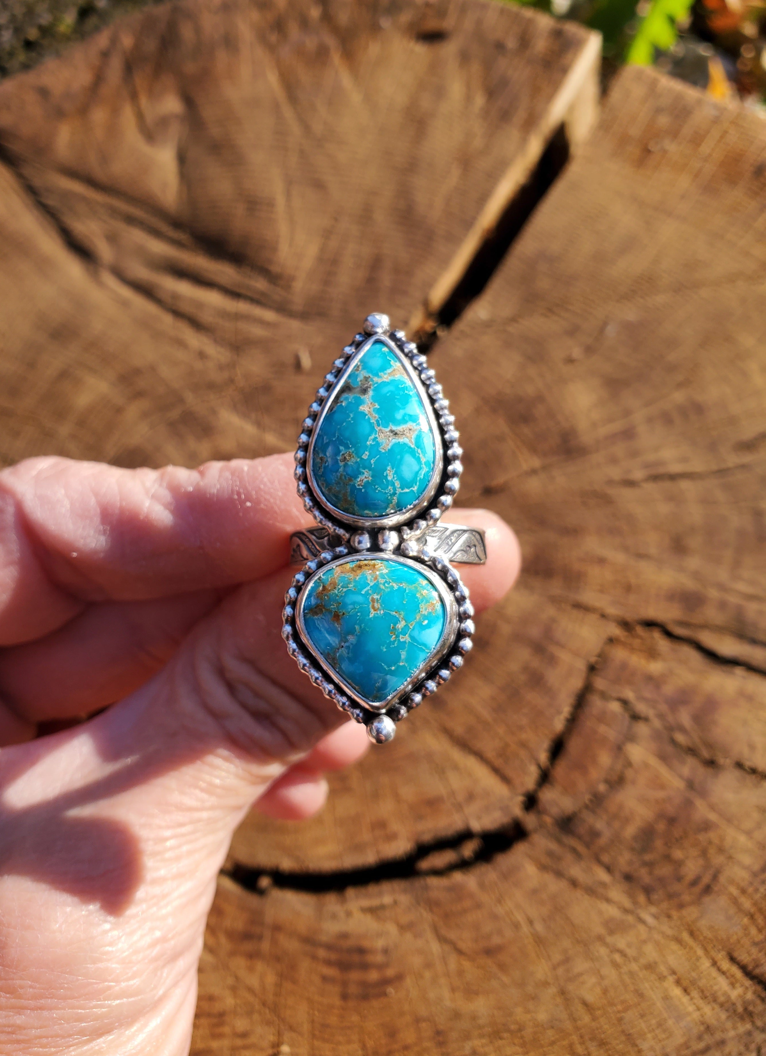 Sierra Bella Turquoise Two Stone Statement Ring In Solid Sterling Silver. Size 7.