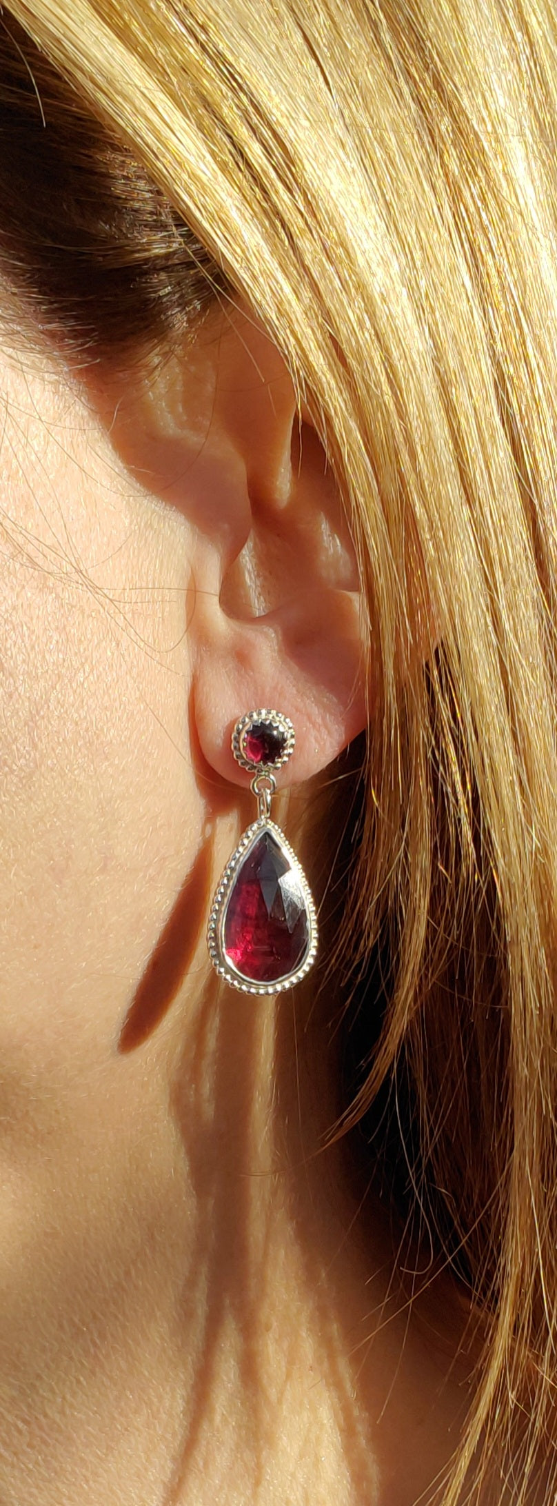 Red Garnet Statement Stud Dangle Drop Earrings in Solid Sterling Silver