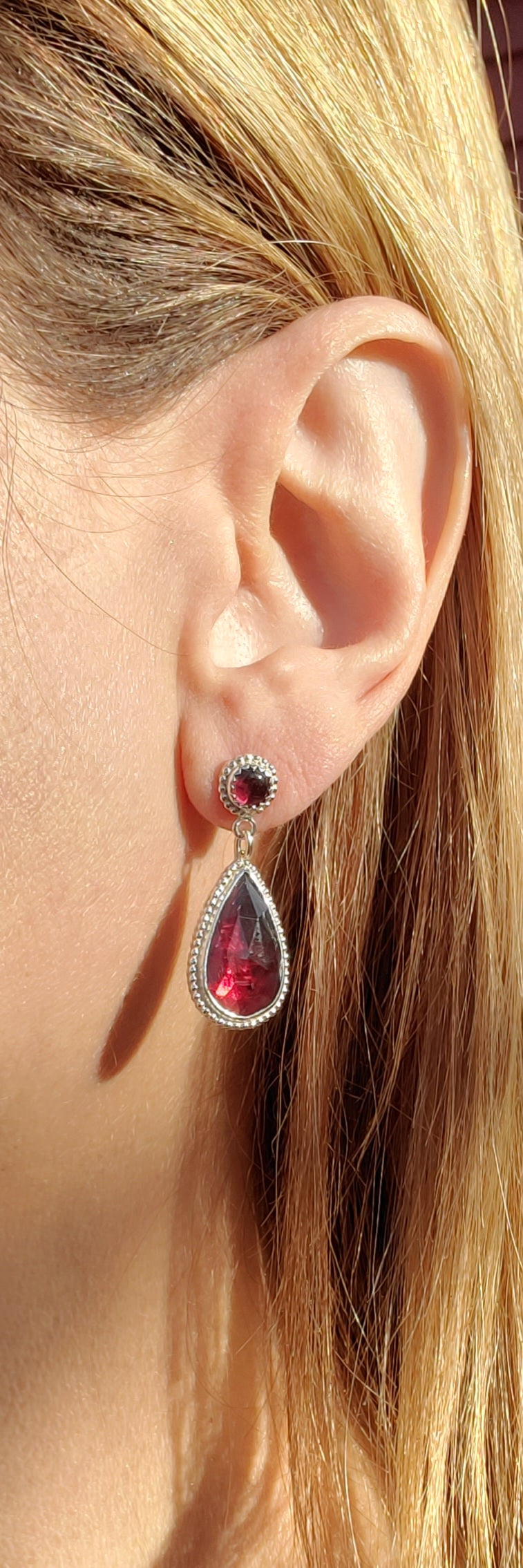 Red Garnet Statement Stud Dangle Drop Earrings in Solid Sterling Silver
