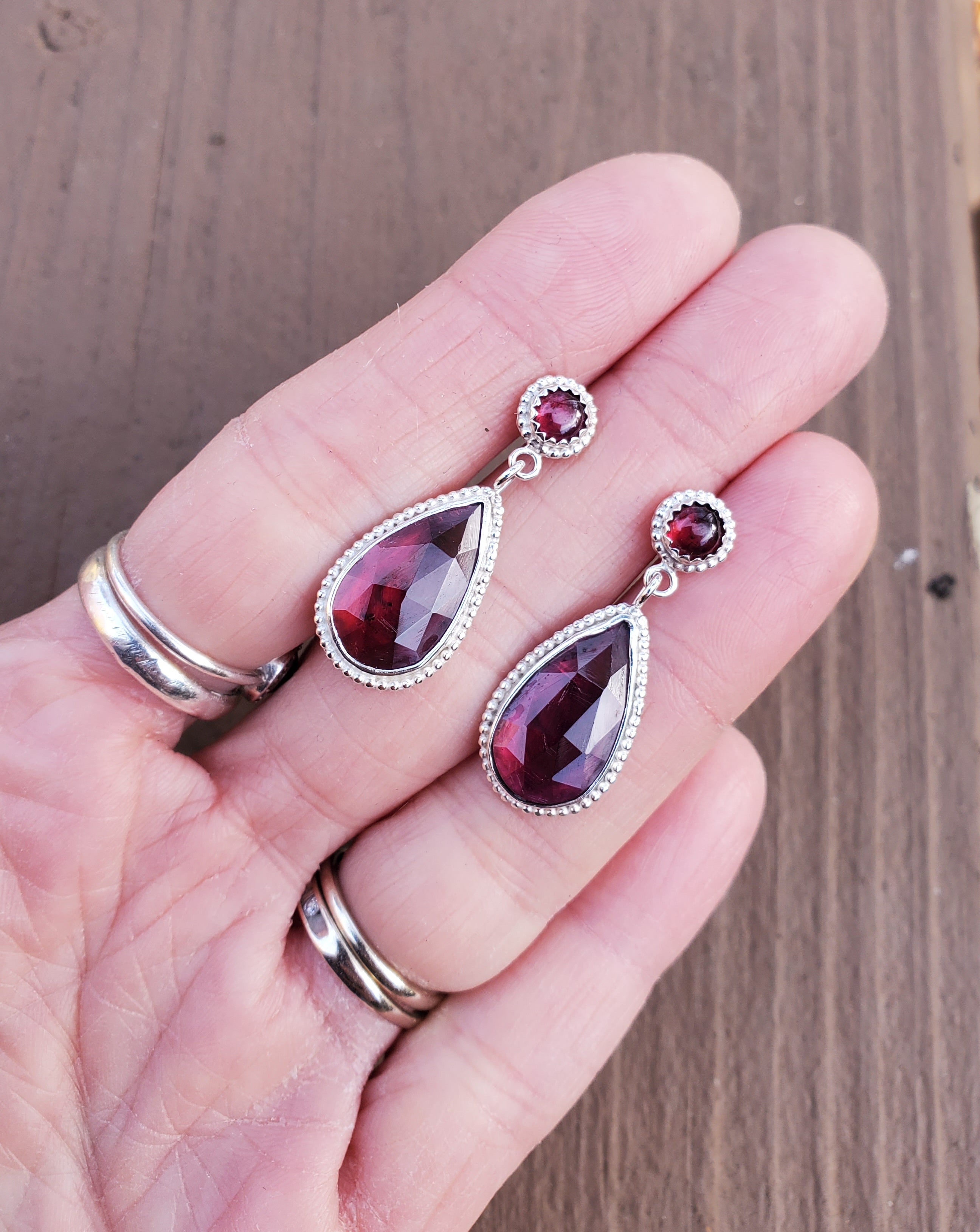 Red Garnet Statement Stud Dangle Drop Earrings in Solid Sterling Silver