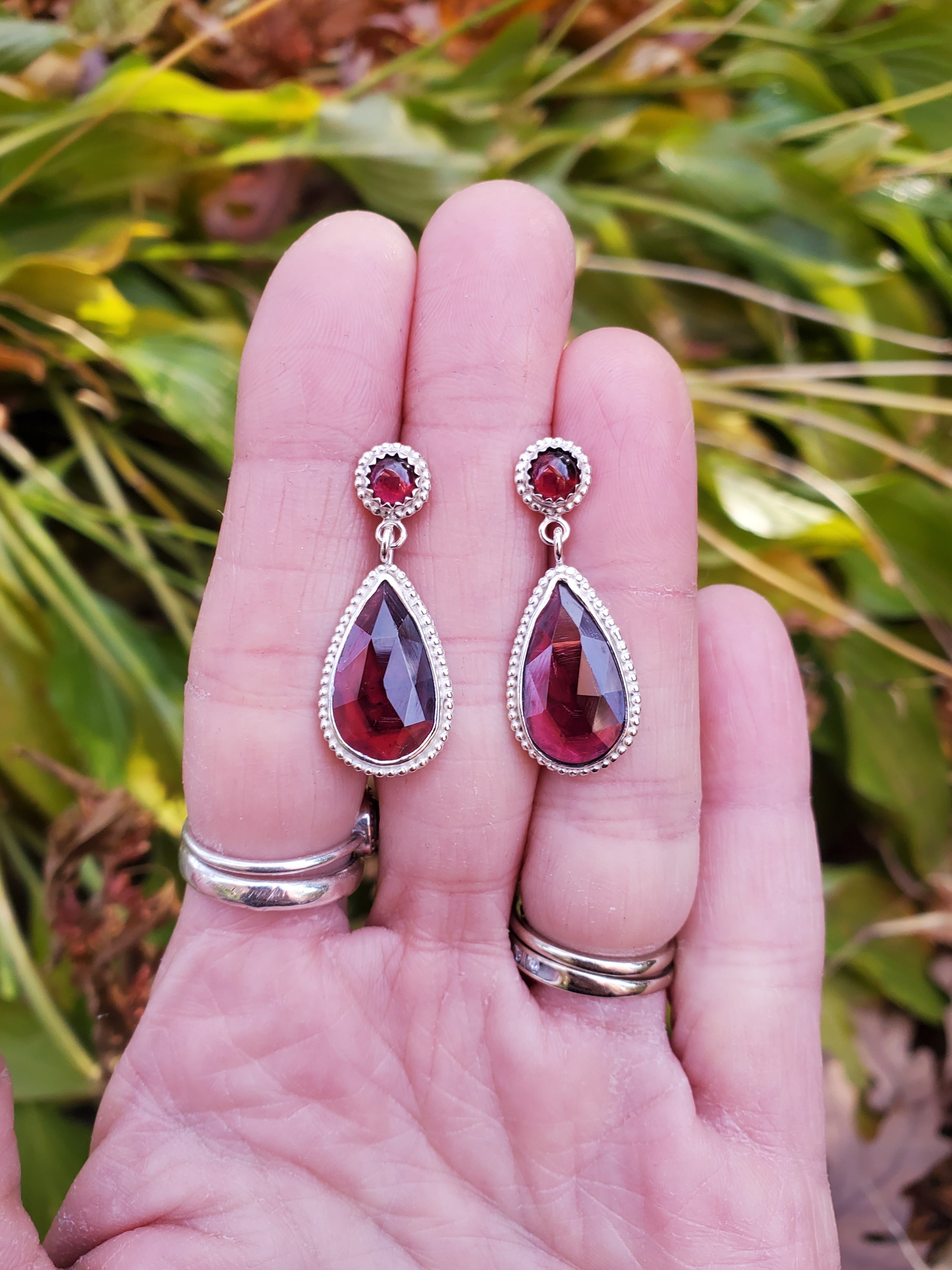 Red Garnet Statement Stud Dangle Drop Earrings in Solid Sterling Silver