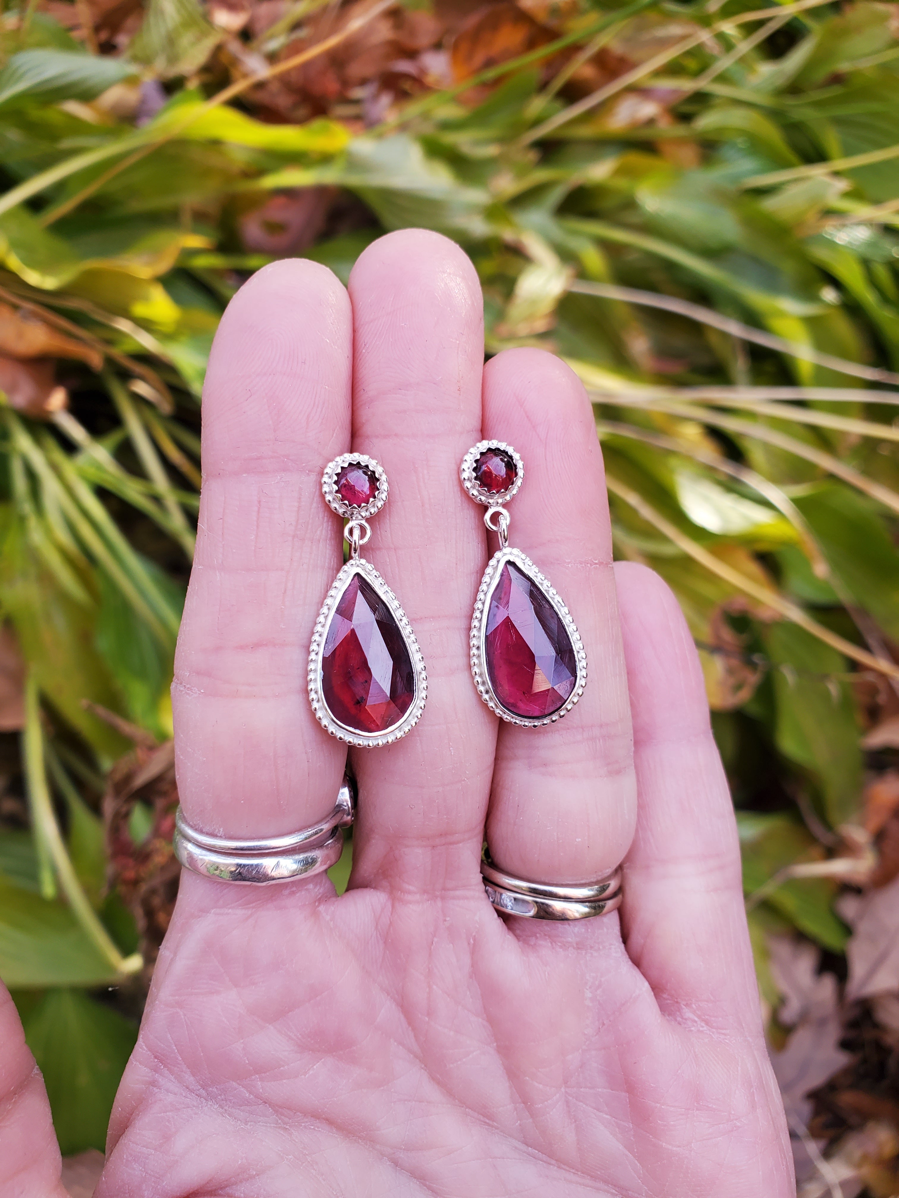 Red Garnet Statement Stud Dangle Drop Earrings in Solid Sterling Silver