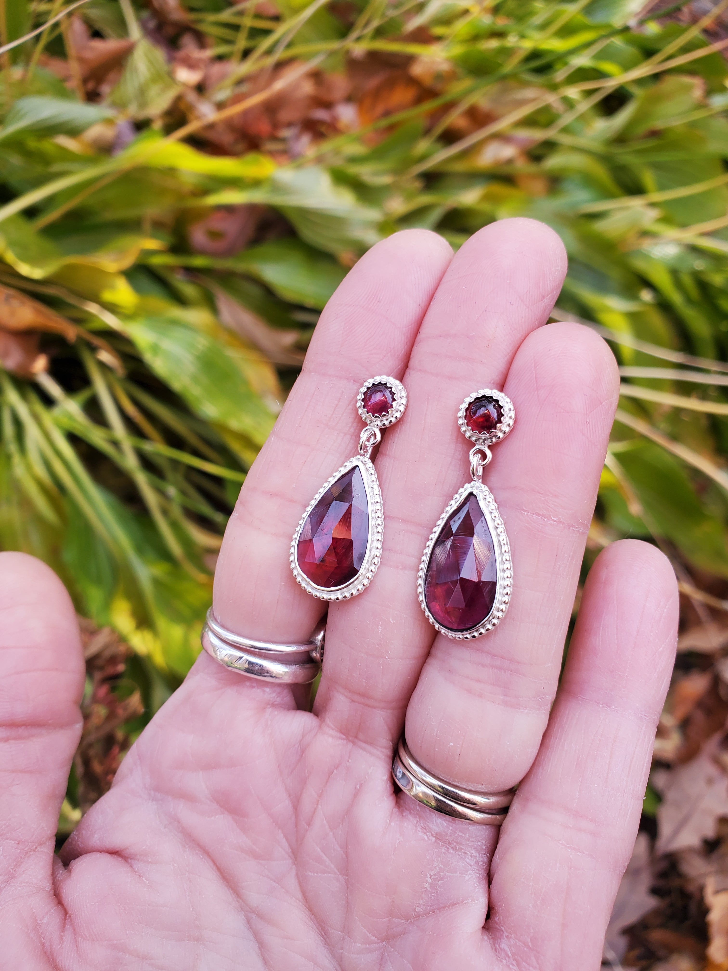 Red Garnet Statement Stud Dangle Drop Earrings in Solid Sterling Silver