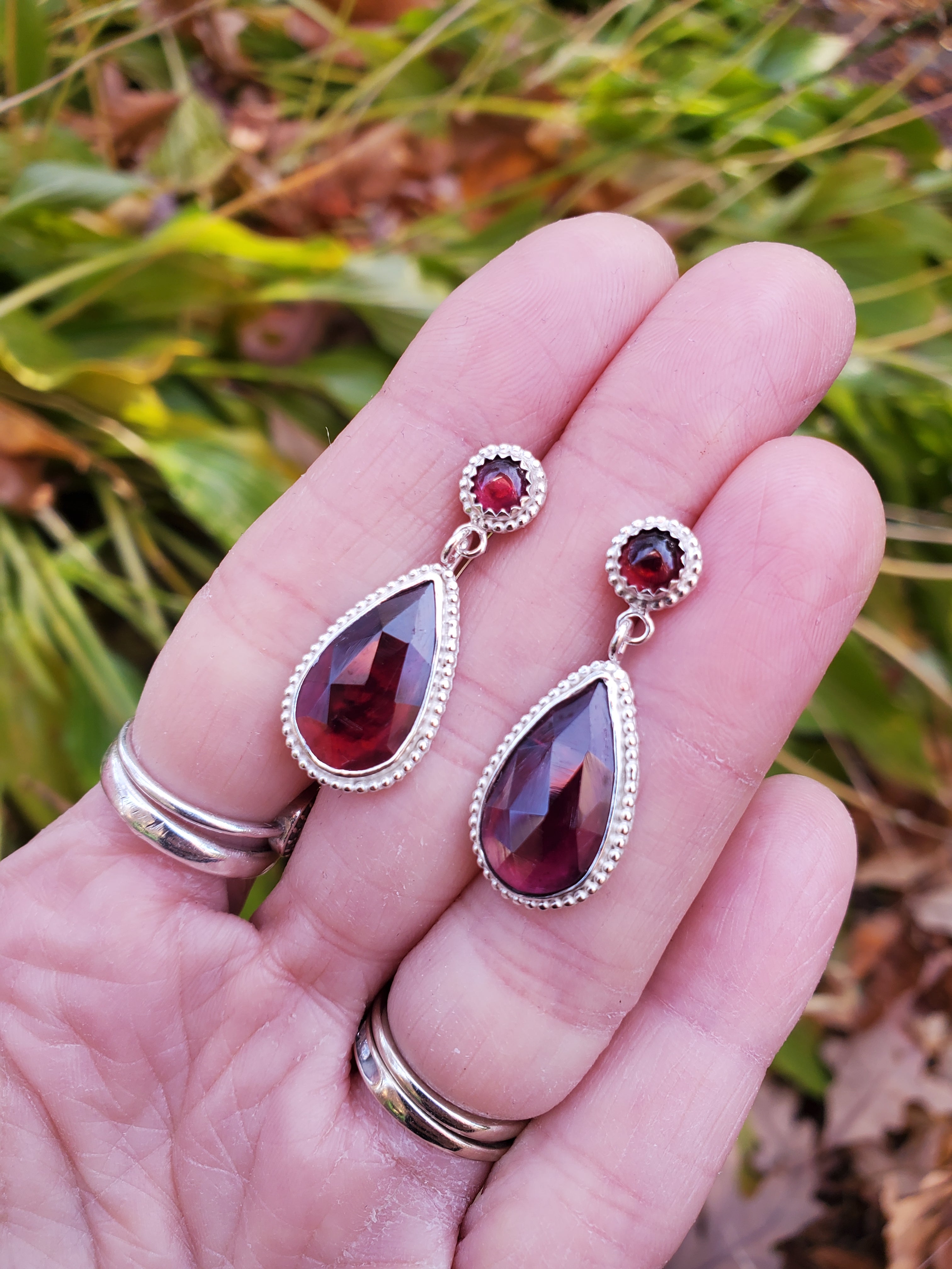 Red Garnet Statement Stud Dangle Drop Earrings in Solid Sterling Silver