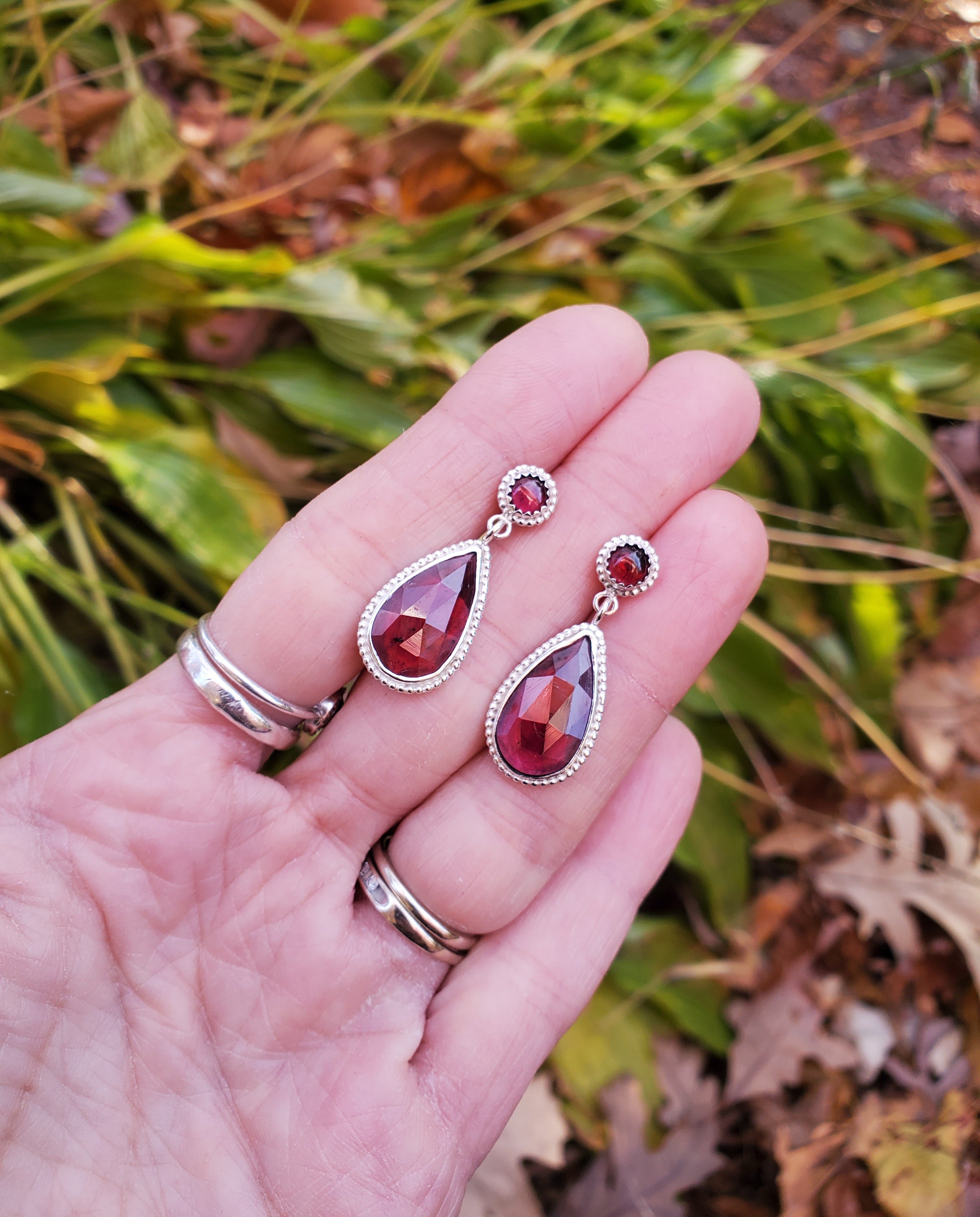 Red Garnet Statement Stud Dangle Drop Earrings in Solid Sterling Silver