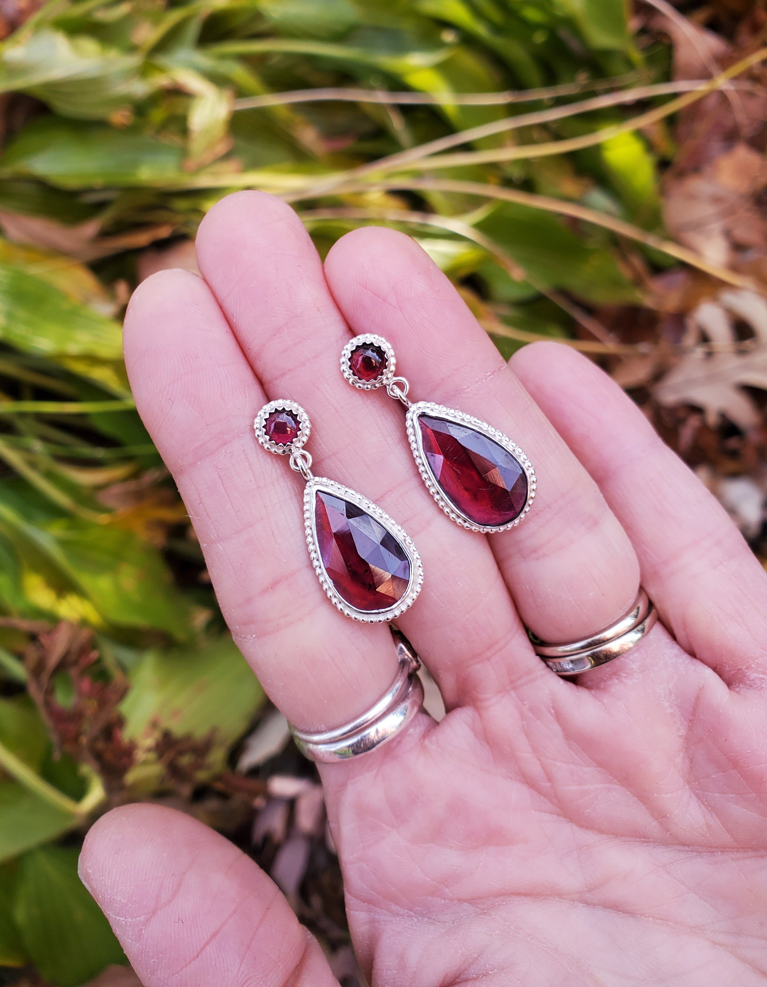 Red Garnet Statement Stud Dangle Drop Earrings in Solid Sterling Silver