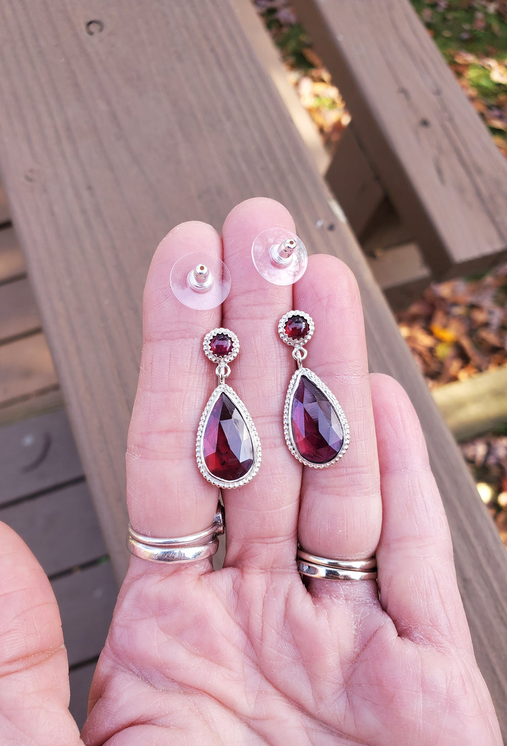 Red Garnet Statement Stud Dangle Drop Earrings in Solid Sterling Silver