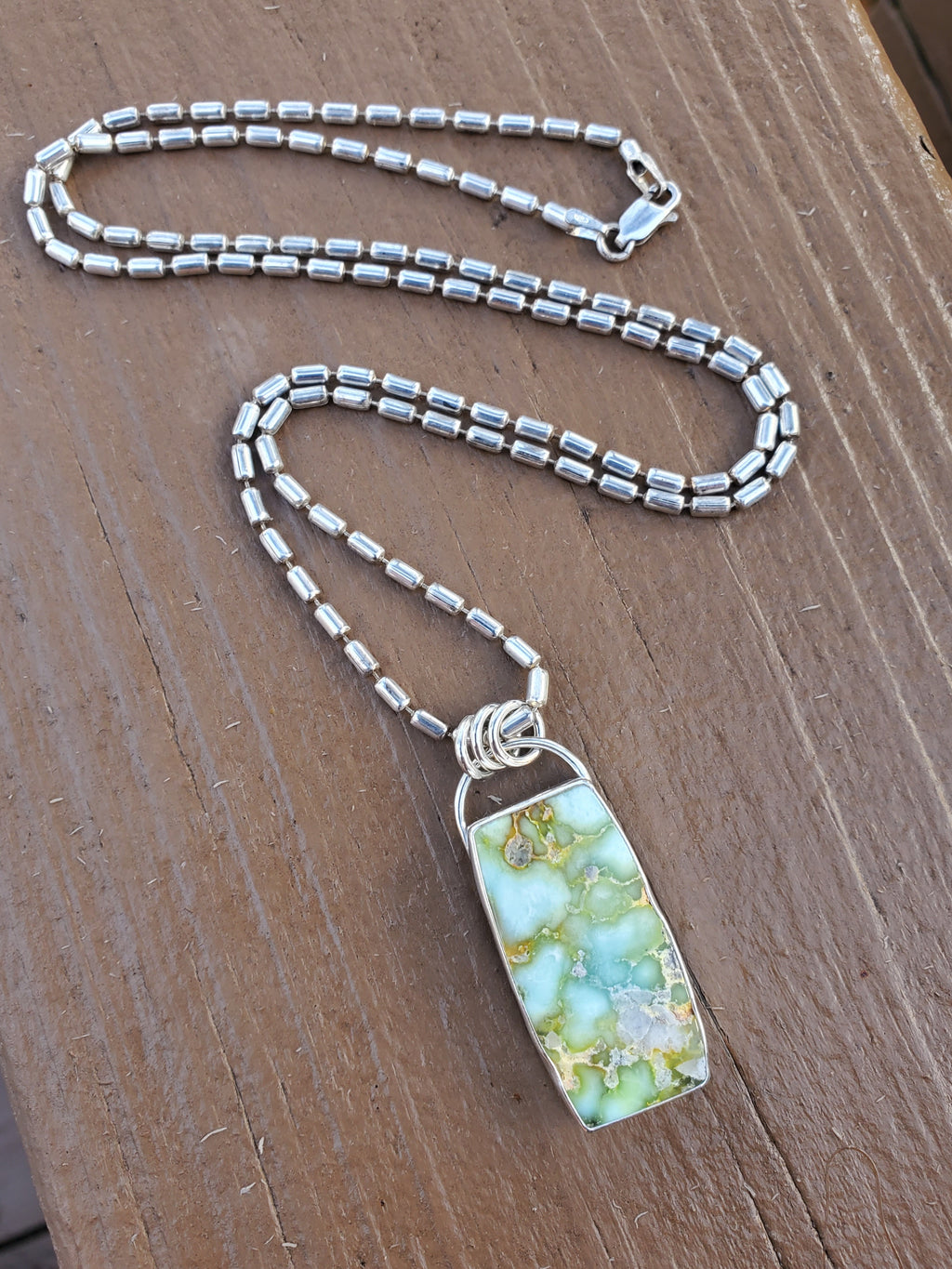 Palomino Variscite Large Bar Pendant Necklace on 22" Vintage Bar Chain in Solid Sterling Silver