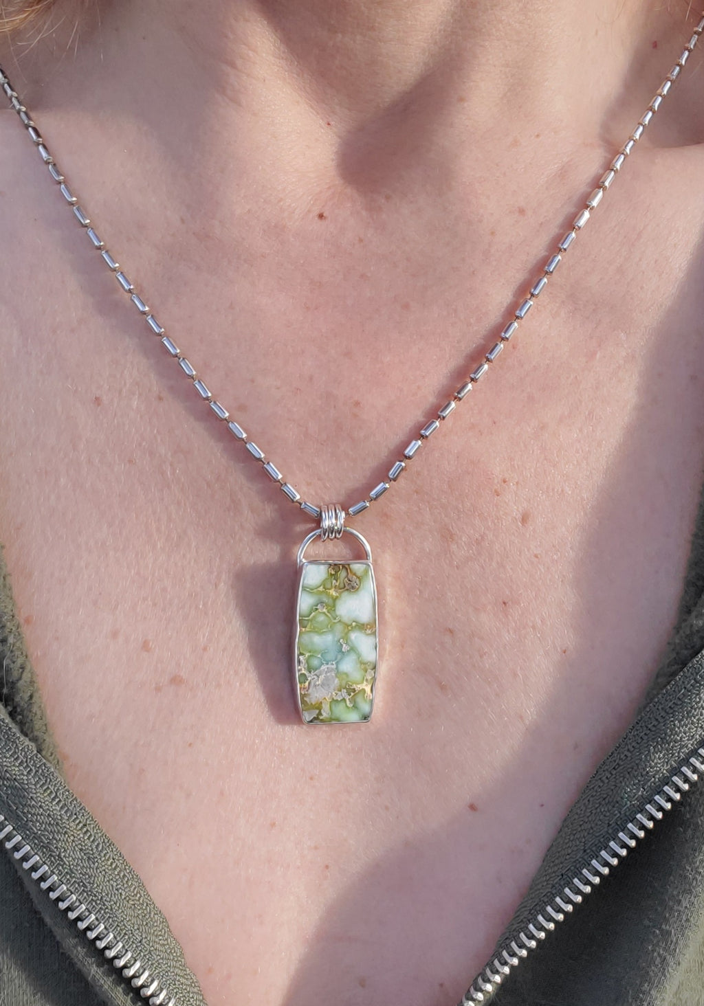 Palomino Variscite Large Bar Pendant Necklace on a 22" Vintage Bar Chain all in Solid Sterling Silver!