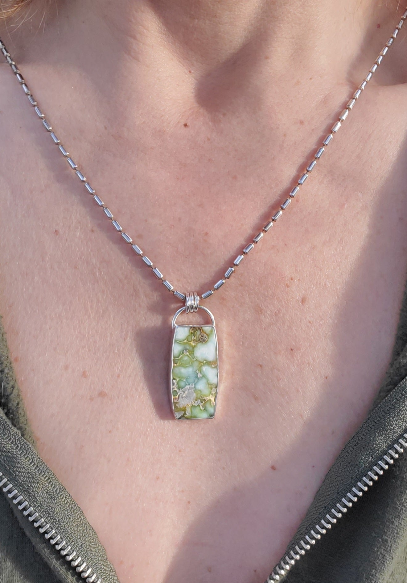 Palomino Variscite Large Bar Pendant Necklace on a 22" Vintage Bar Chain all in Solid Sterling Silver!