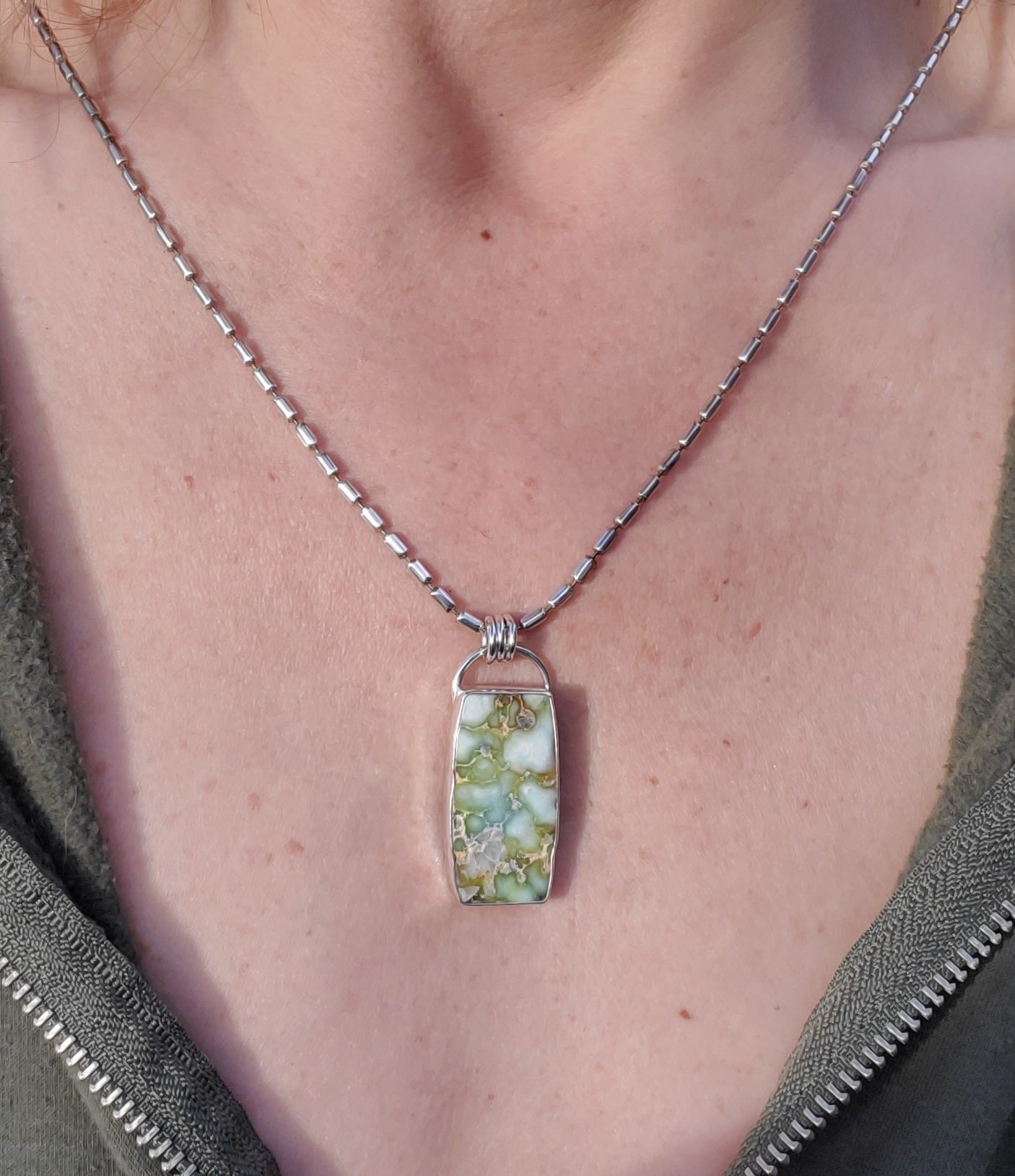 Palomino Variscite Large Bar Pendant Necklace on a 22" Vintage Bar Chain all in Solid Sterling Silver!