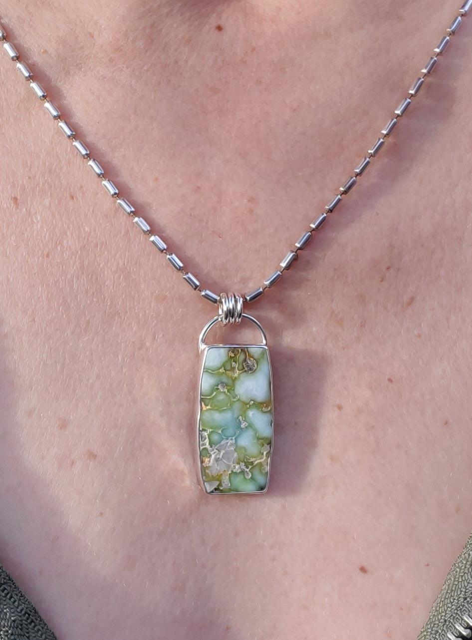 Palomino Variscite Large Bar Pendant Necklace on a 22" Vintage Bar Chain all in Solid Sterling Silver!