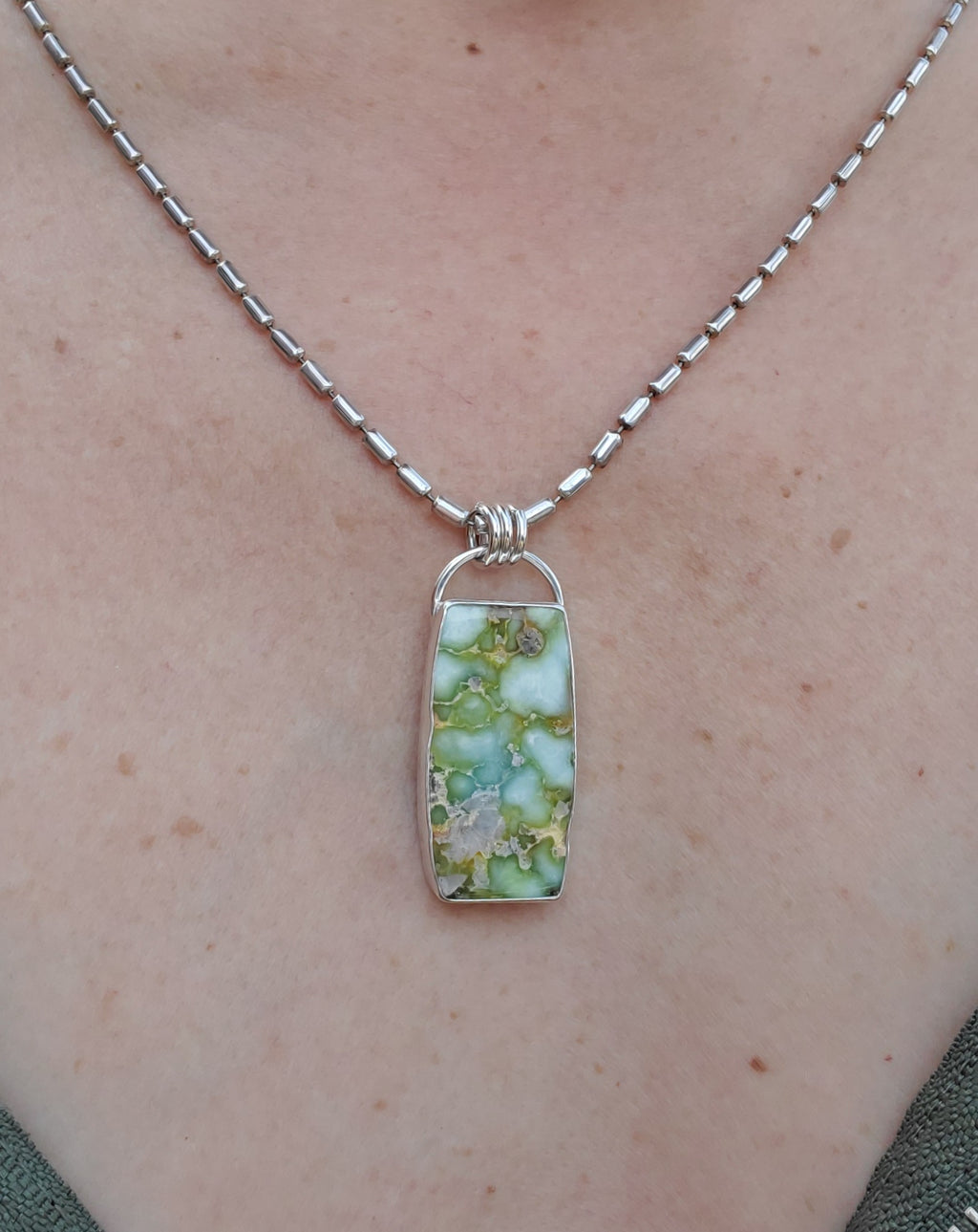 Palomino Variscite Large Bar Pendant Necklace on 22" Vintage Bar Chain in Solid Sterling Silver