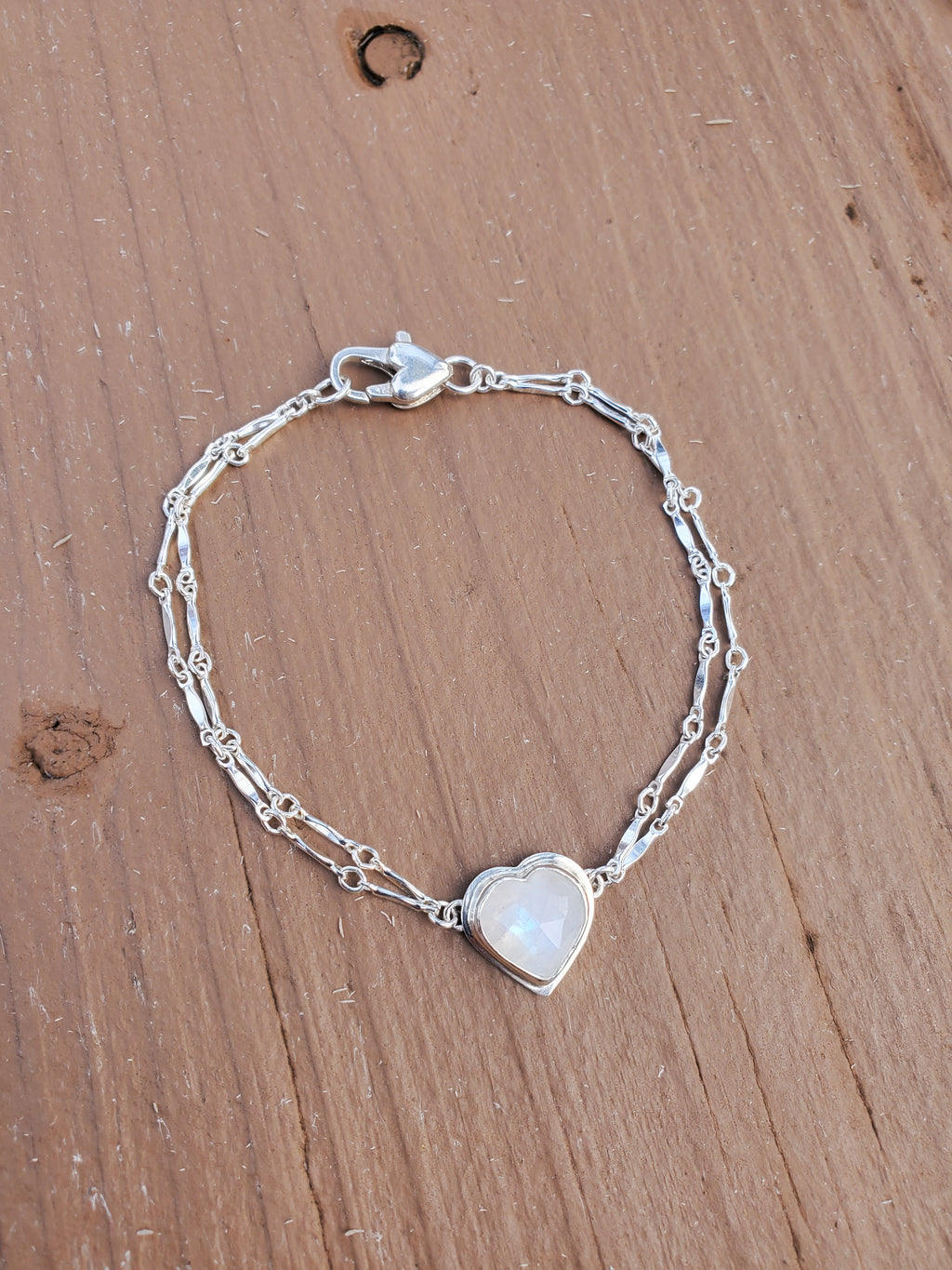 Rainbow Moonstone Heart Dainty Plume Link Bracelet in Solid Sterling Silver