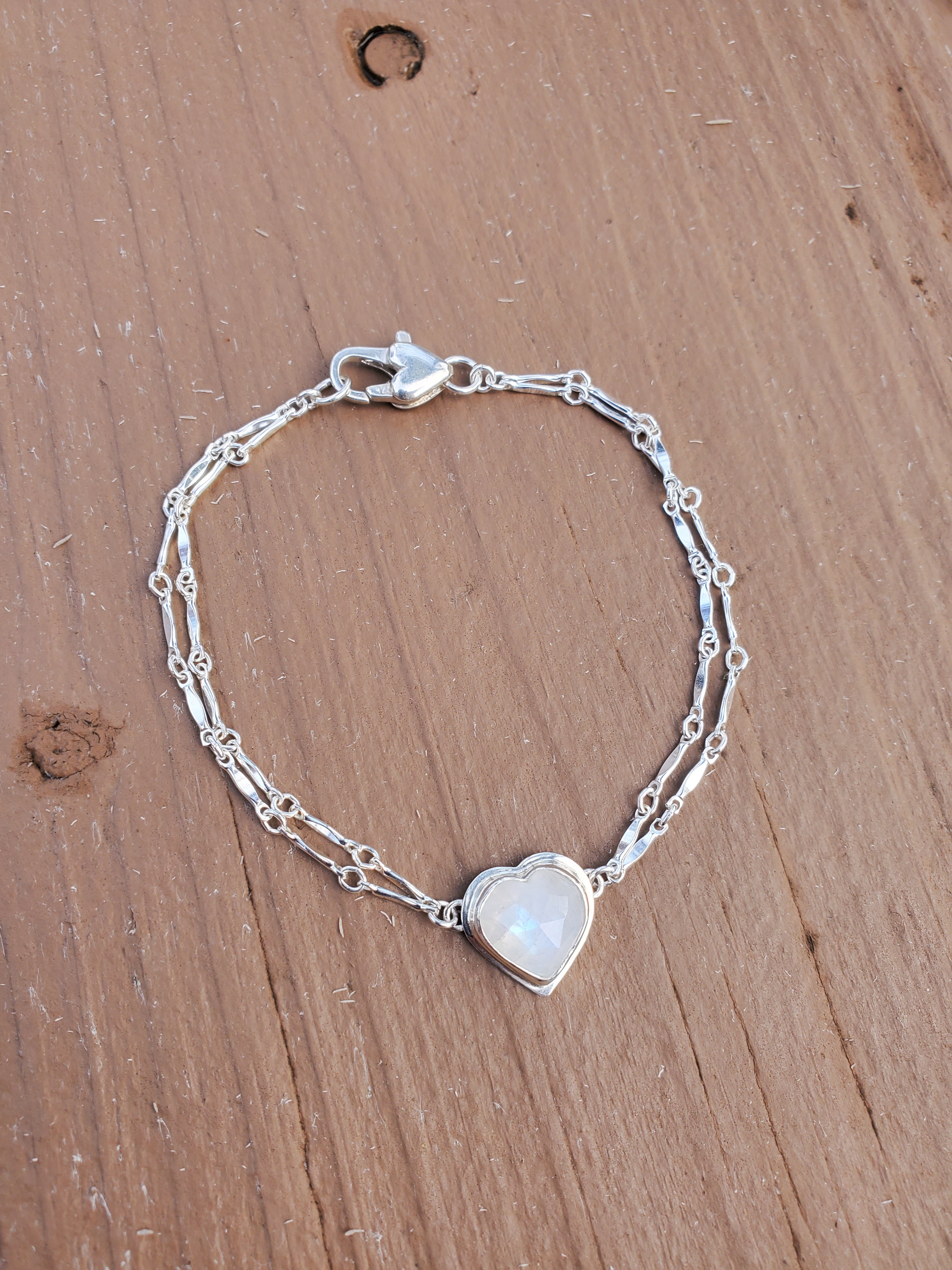 Rainbow Moonstone Heart Dainty Plume Link Bracelet in Solid Sterling Silver