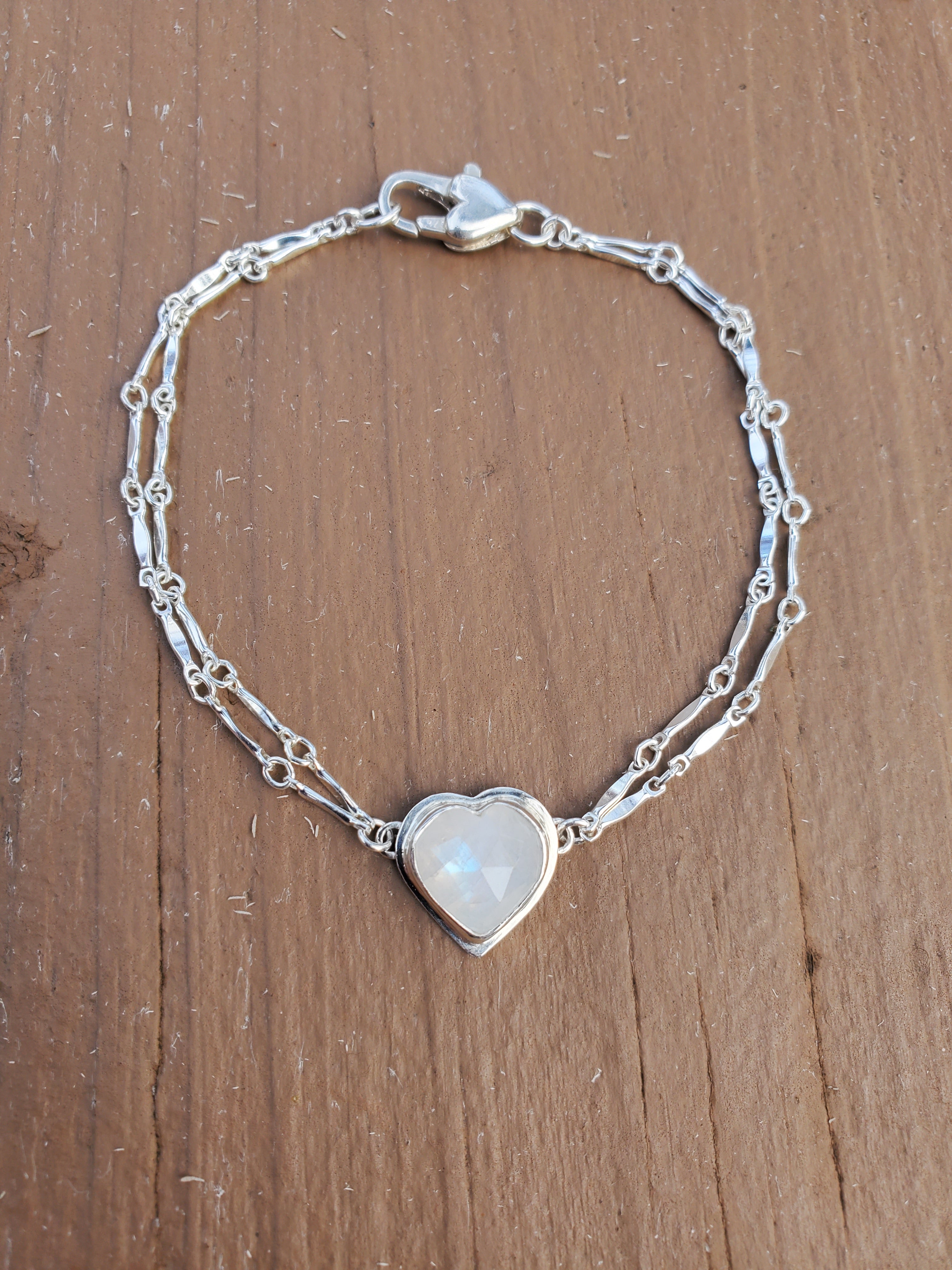 Rainbow Moonstone Heart Dainty Plume Link Bracelet in Solid Sterling Silver