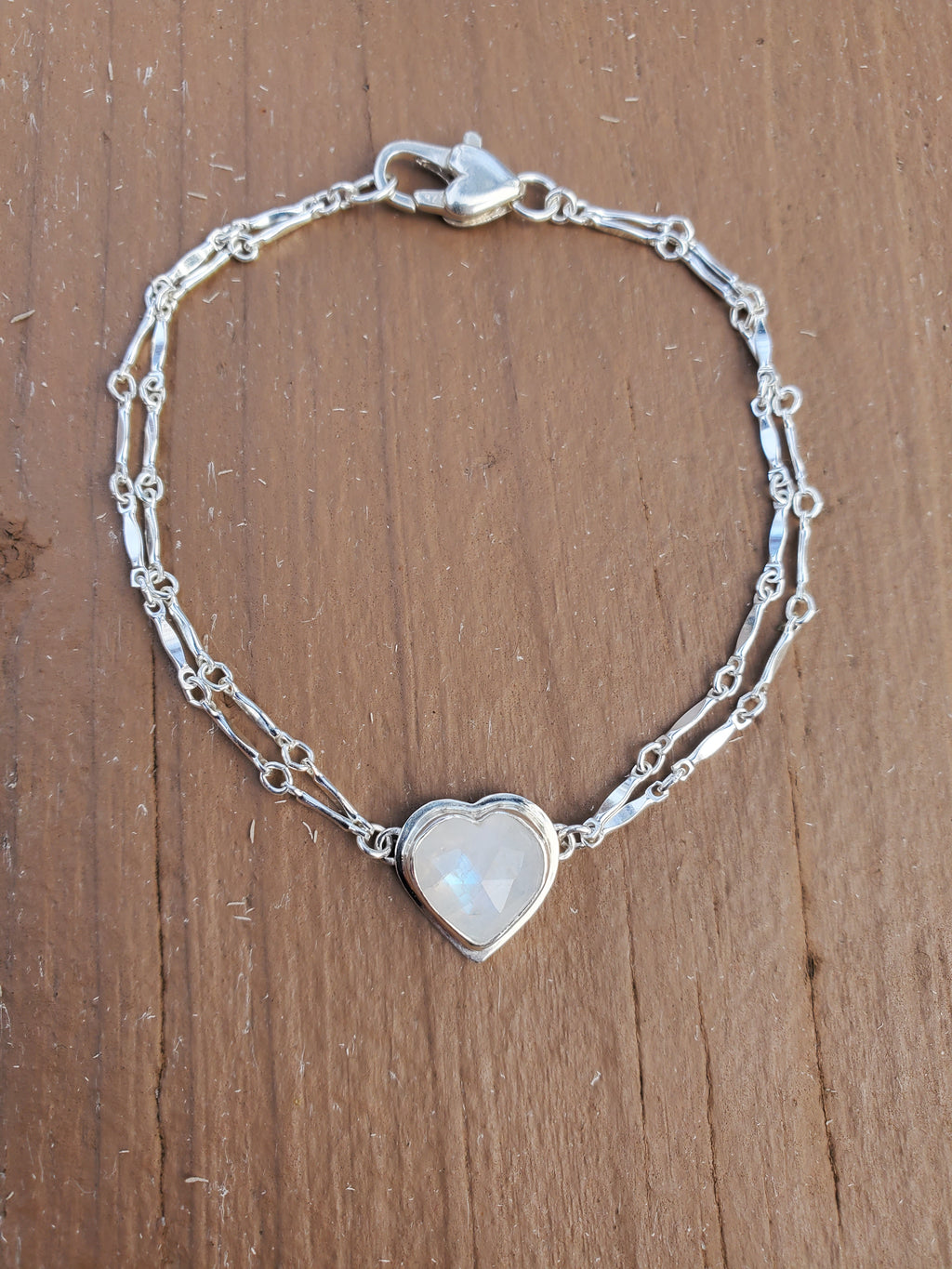 Rainbow Moonstone Heart Dainty Plume Link Bracelet in Solid Sterling Silver