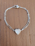 Rainbow Moonstone Heart Dainty Plume Link Bracelet in Solid Sterling Silver