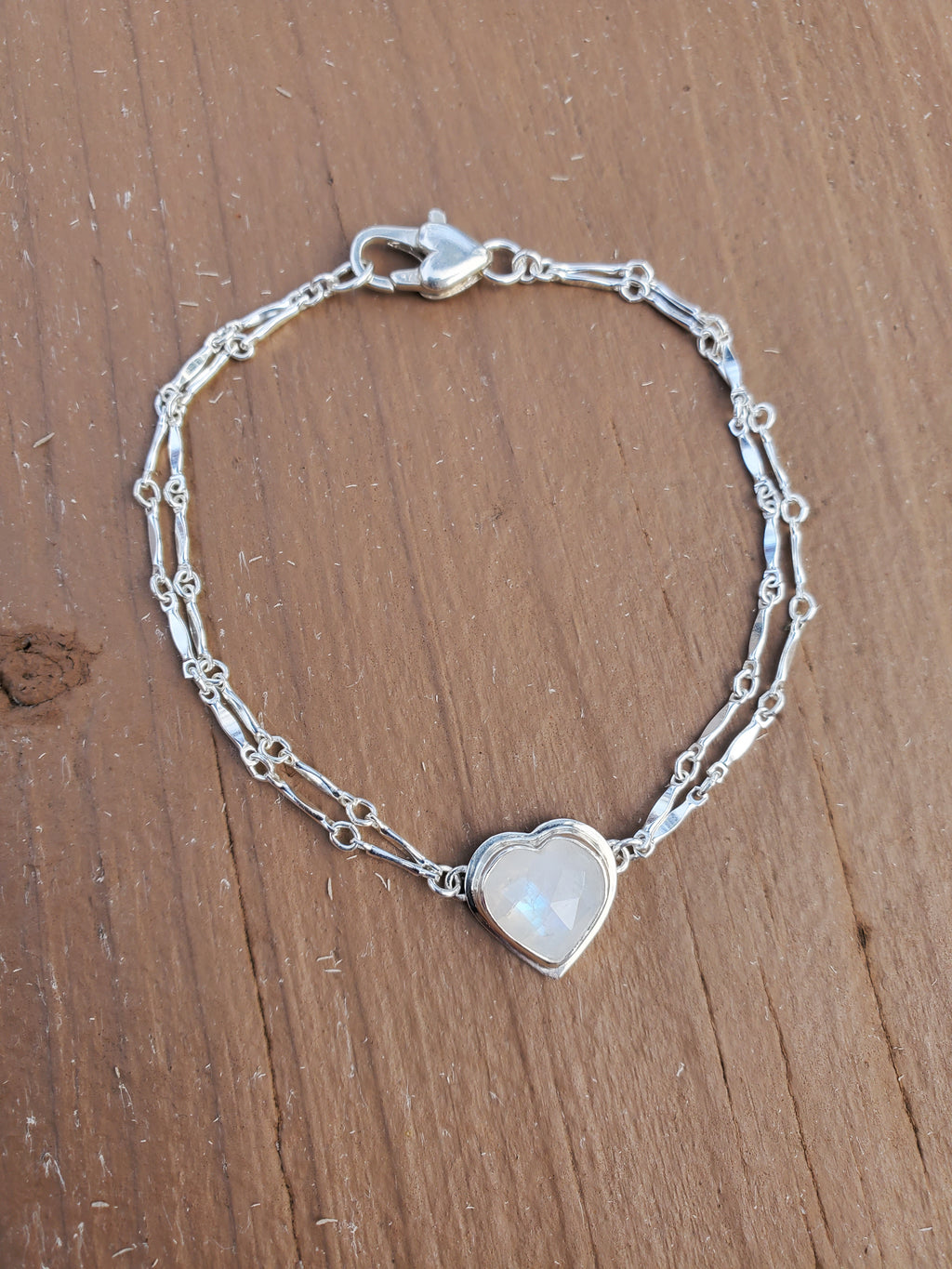 Rainbow Moonstone Heart Dainty Plume Link Bracelet in Solid Sterling Silver
