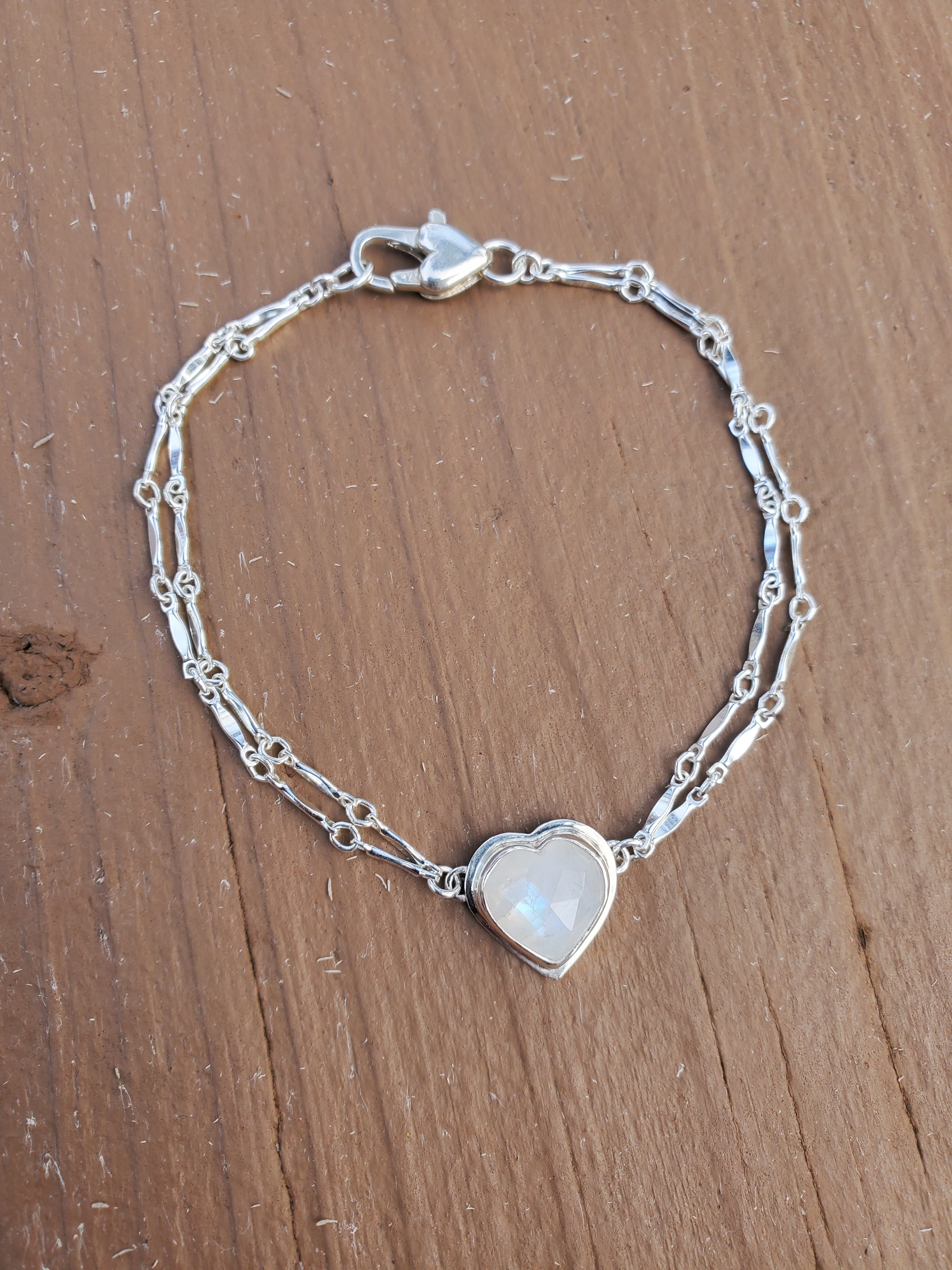 Rainbow Moonstone Heart Dainty Plume Link Bracelet in Solid Sterling Silver