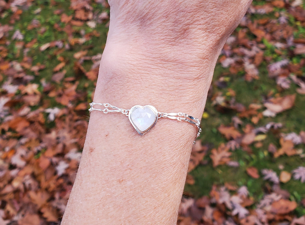 Rainbow Moonstone Heart Dainty Plume Link Bracelet in Solid Sterling Silver